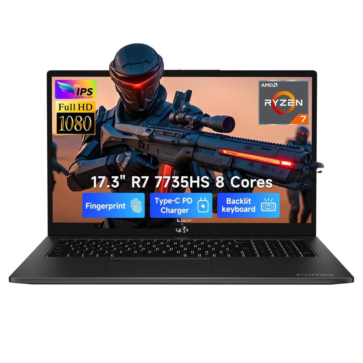 NIMO Laptop Gamer, 17.3" FHD, AMD Ryzen 7 7735HS (8C/16H, hasta 4.75 GHz), 16GB DDR5, SSD NVMe 2TB, Gráficos Radeon 680M, Teclado Retroiluminado, Desbloqueo por Huella, PD 100W Tipo-C ARN21S