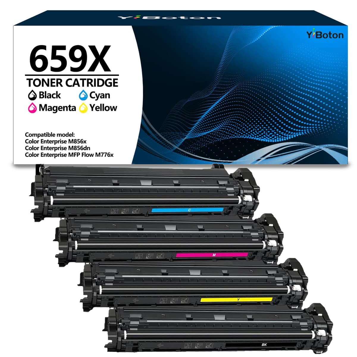 YiBoton Cartuchos de tóner 659X alto rendimiento (4 pack) compatibles con HP Enterprise M856 / M776 (Negro, Cian, Magenta, Amarillo) YBT-659X-1B3C