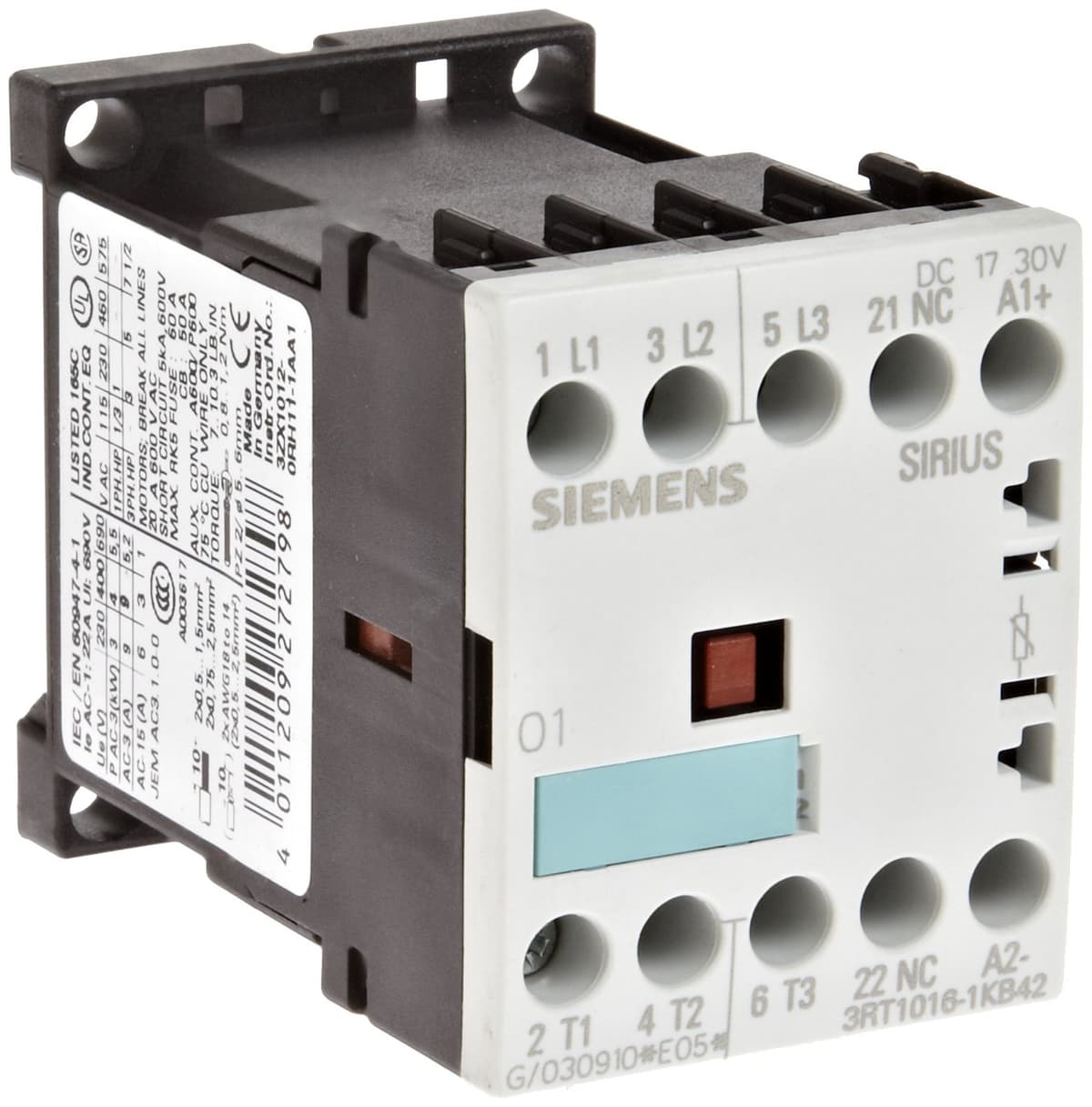 Siemens 3RT10 16-1KB42 Contactor especial S00, conexión por tornillo, 1 NC auxiliar, 9A inductivo, 5 HP @460V