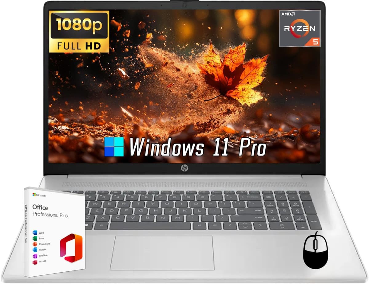HP 17" Laptop con Windows 11 Pro, Microsoft Office Lifetime, AMD Ryzen 5 7430U, 32GB RAM, 1TB SSD, 17.3" FHD HP Laptop