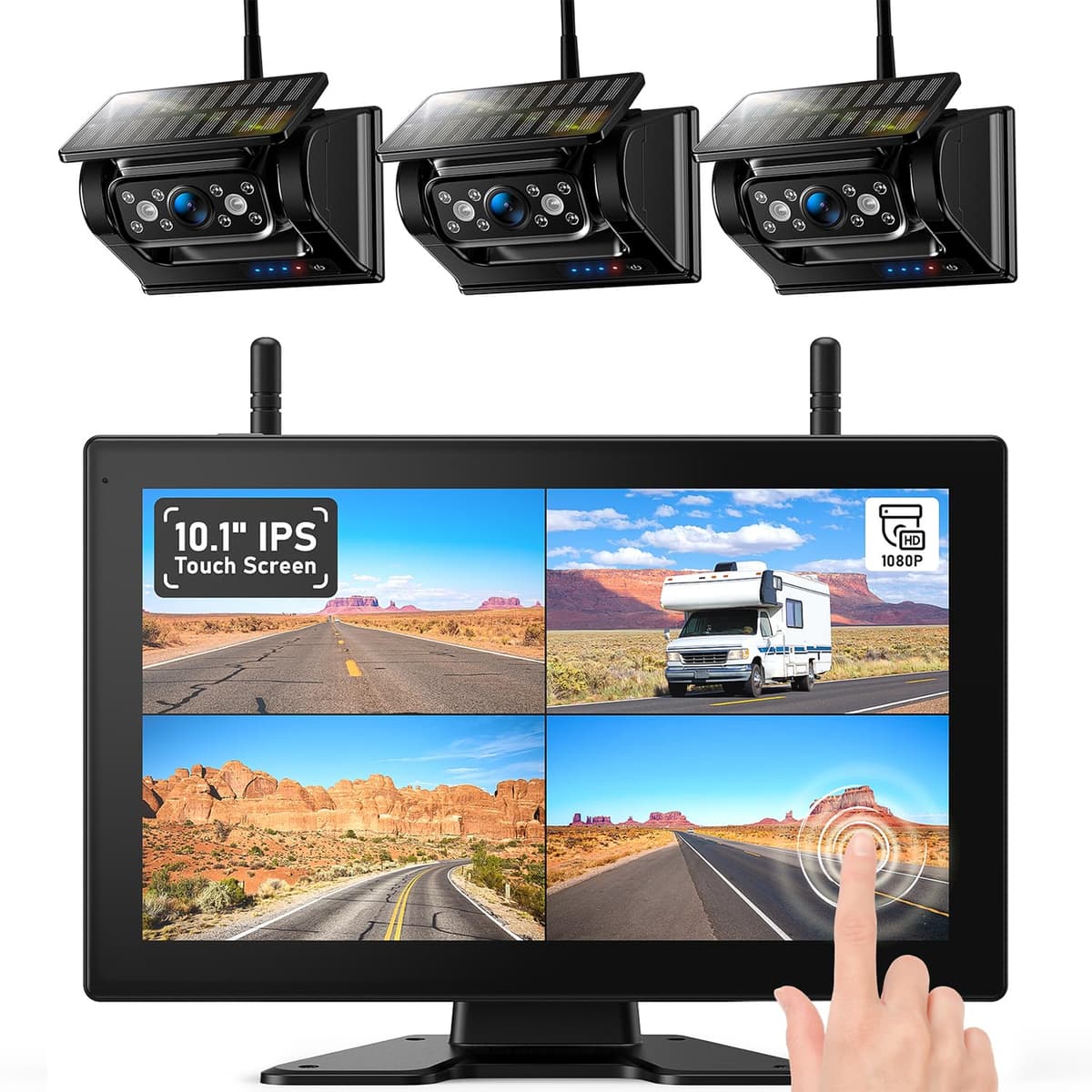 ZEROXCLUB 3 Cámara de Retroceso Inalámbrica Solar Magnética HD1080P con Grabación en Bucle Monitor Táctil 10.1 Pulgadas, Sistema Inalámbrico de 4 Cámaras para Remolque/Camión/Tractor RV, BL103