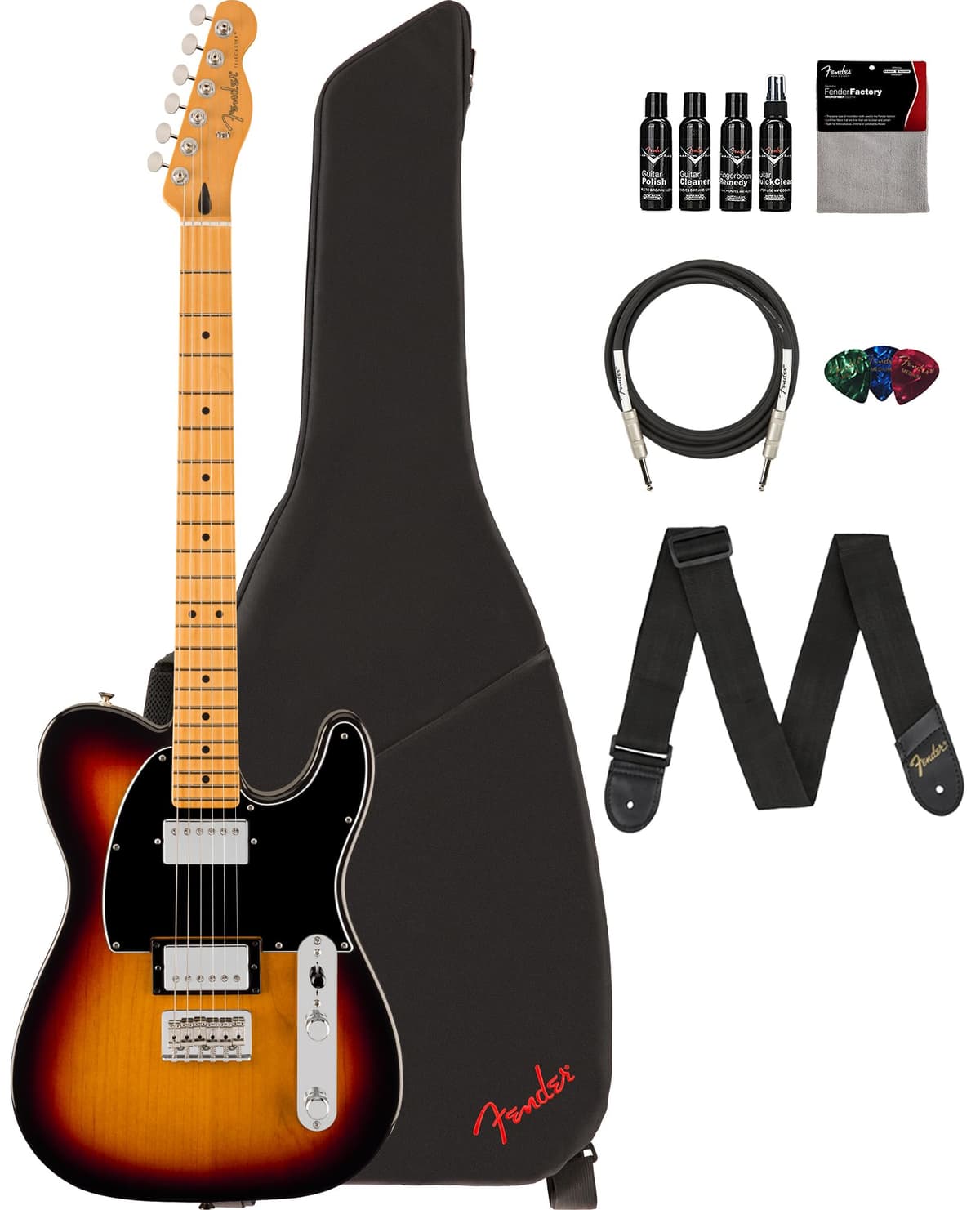 Fender Player II Telecaster HH - 3-Color Sunburst, paquete con funda, correa, cable, picks y kit de limpieza AUS-0140572500-COMBO-DLX