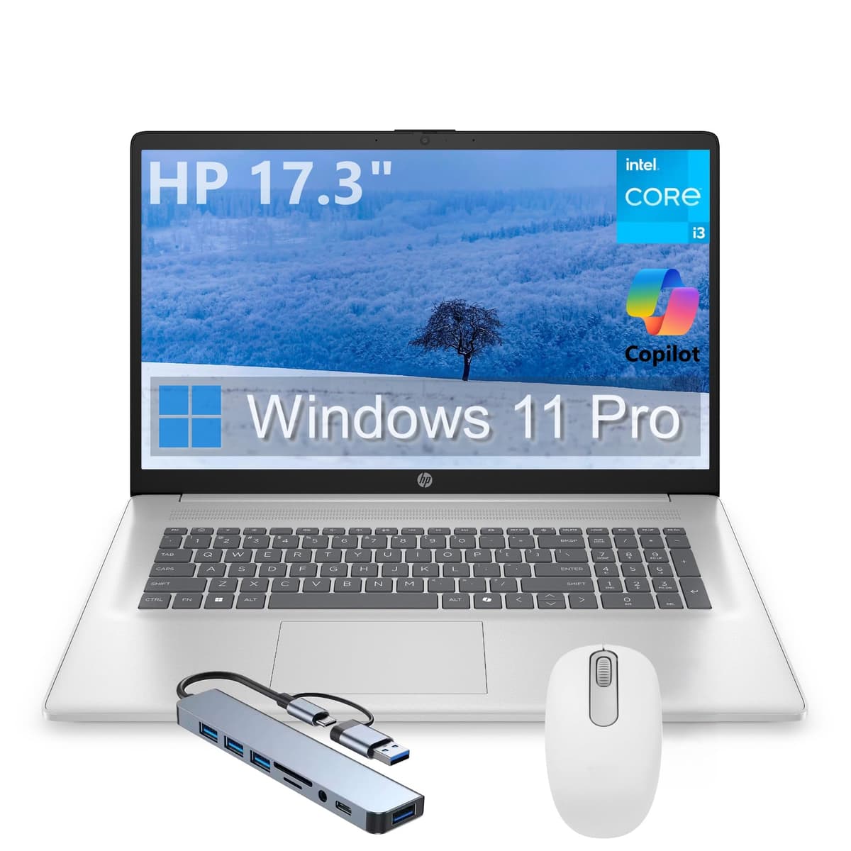 HP 17.3" Laptop empresarial BrightView, procesador Intel i3 de 8 núcleos, 16 GB RAM, SSD PCIe de 512 GB, HDMI, USB-C, Windows 11 Pro con Copilot, incluye hub y mouse, gráficos Intel UHD, plateado