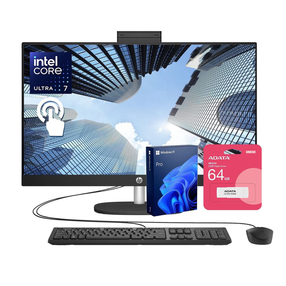 HP All-in-One 27" FHD táctil, Intel Ultra 7 155U, 32GB DDR5, 1TB SSD, Windows 11 Pro, bundle con USB 64GB TPC-Q095-27