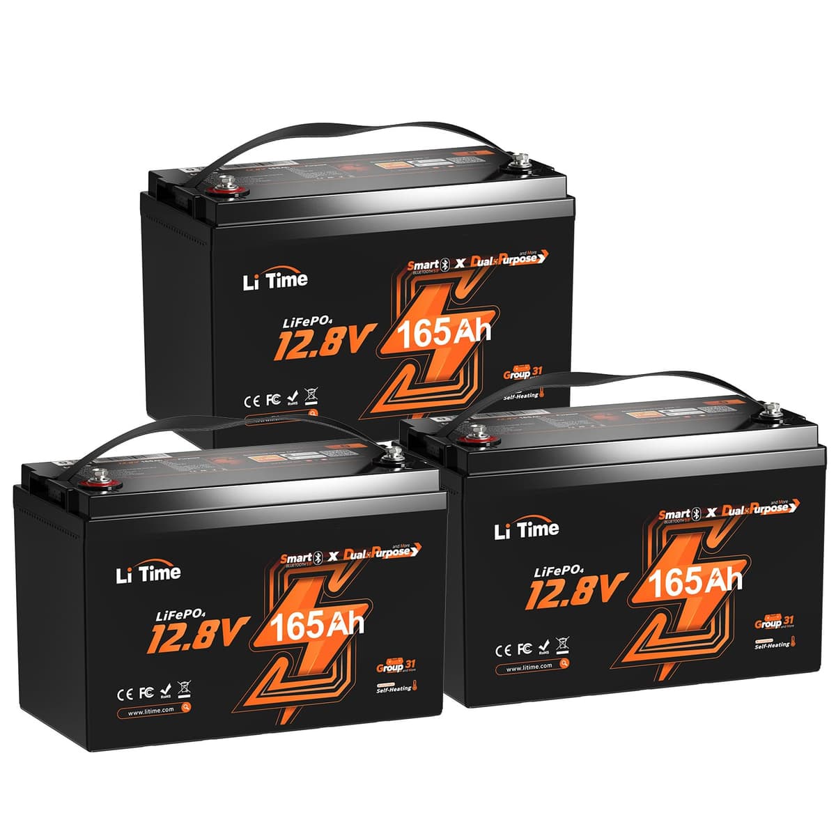 Litime 12V 165Ah LiFePO4 Dual Purpose Marine Starting Battery 1200CCA Group 31 - Pack de 3 L12V165-150-DP-BT-CCA1K2-4-A100-Pack3