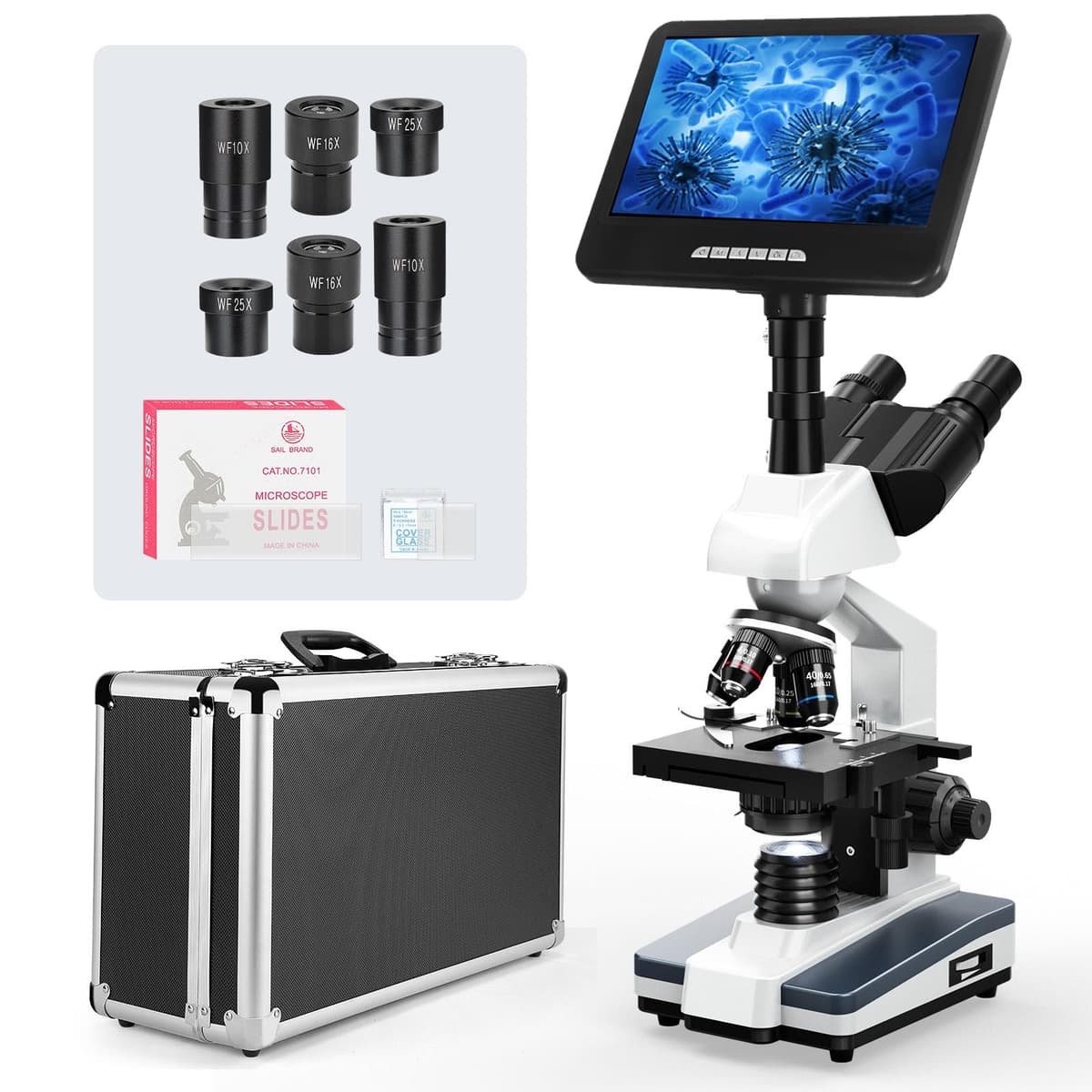Vabiooth Microscopio compuesto trinocular con monitor 7" y cámara 24MP, 40X-2500X, software de medición VB-M002-SM-US
