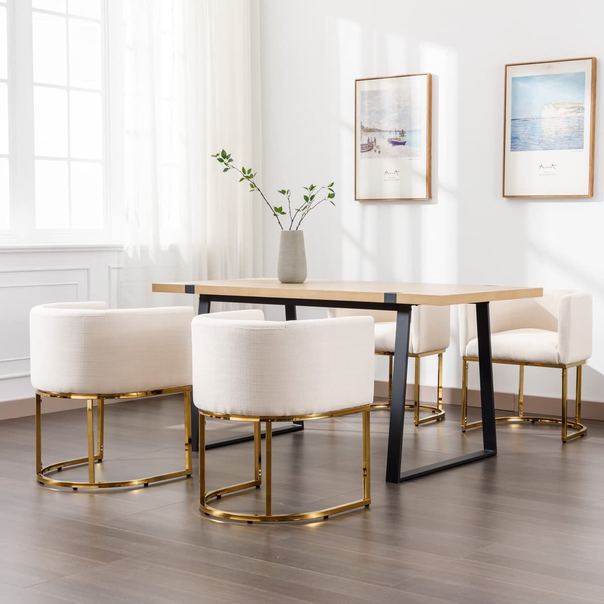 BESTANO Sillas de comedor de lino juego de 4 con base dorada, 18.5" de ancho, crema