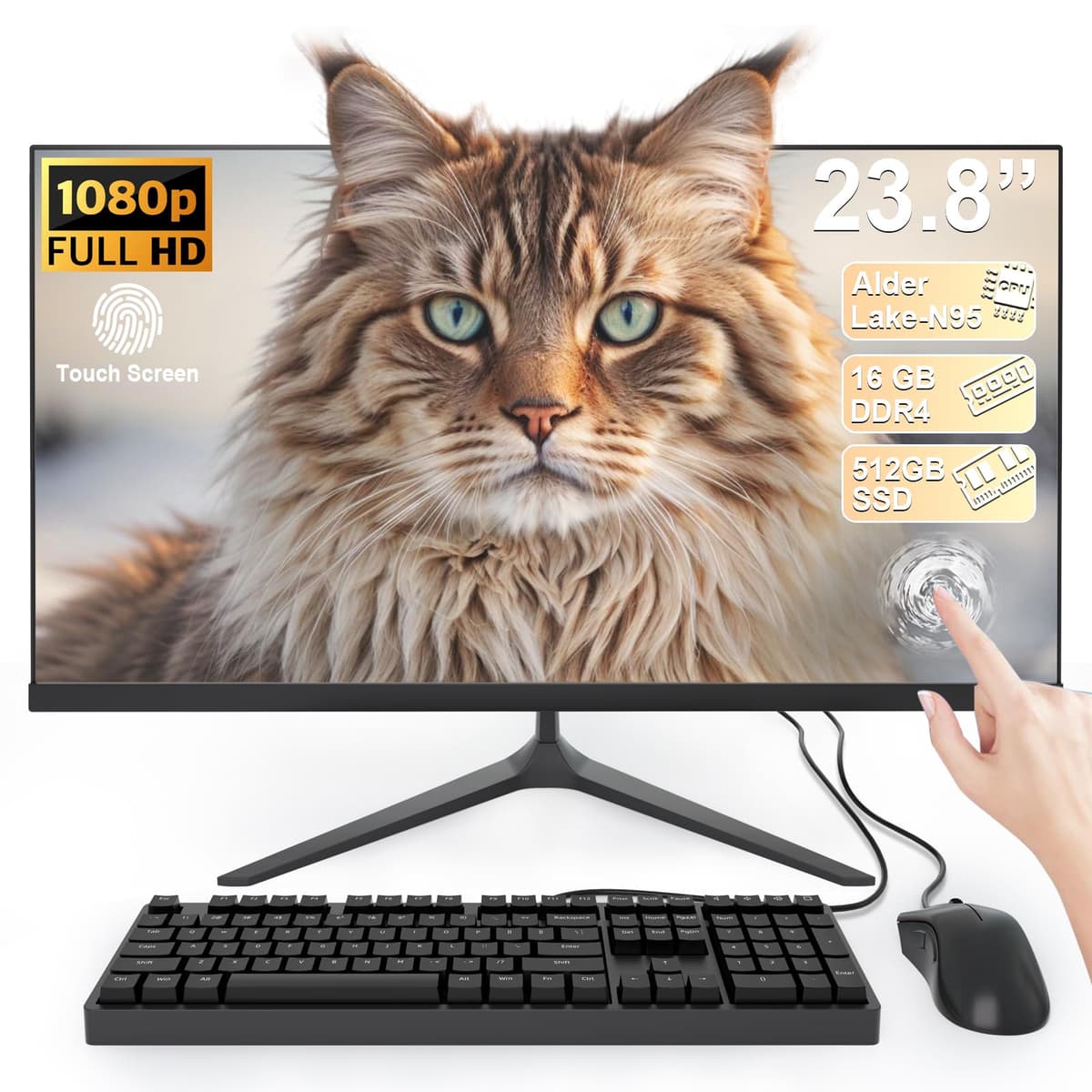 SAINTDISE PC Todo-en-Uno con pantalla táctil múltiple FHD de 23.8", procesador Alder Lake-N95 (hasta 3.4 GHz), 16 GB de RAM y 512 GB SSD, con WiFi de doble banda, Bluetooth y teclado con mouse por cable NX5-22T