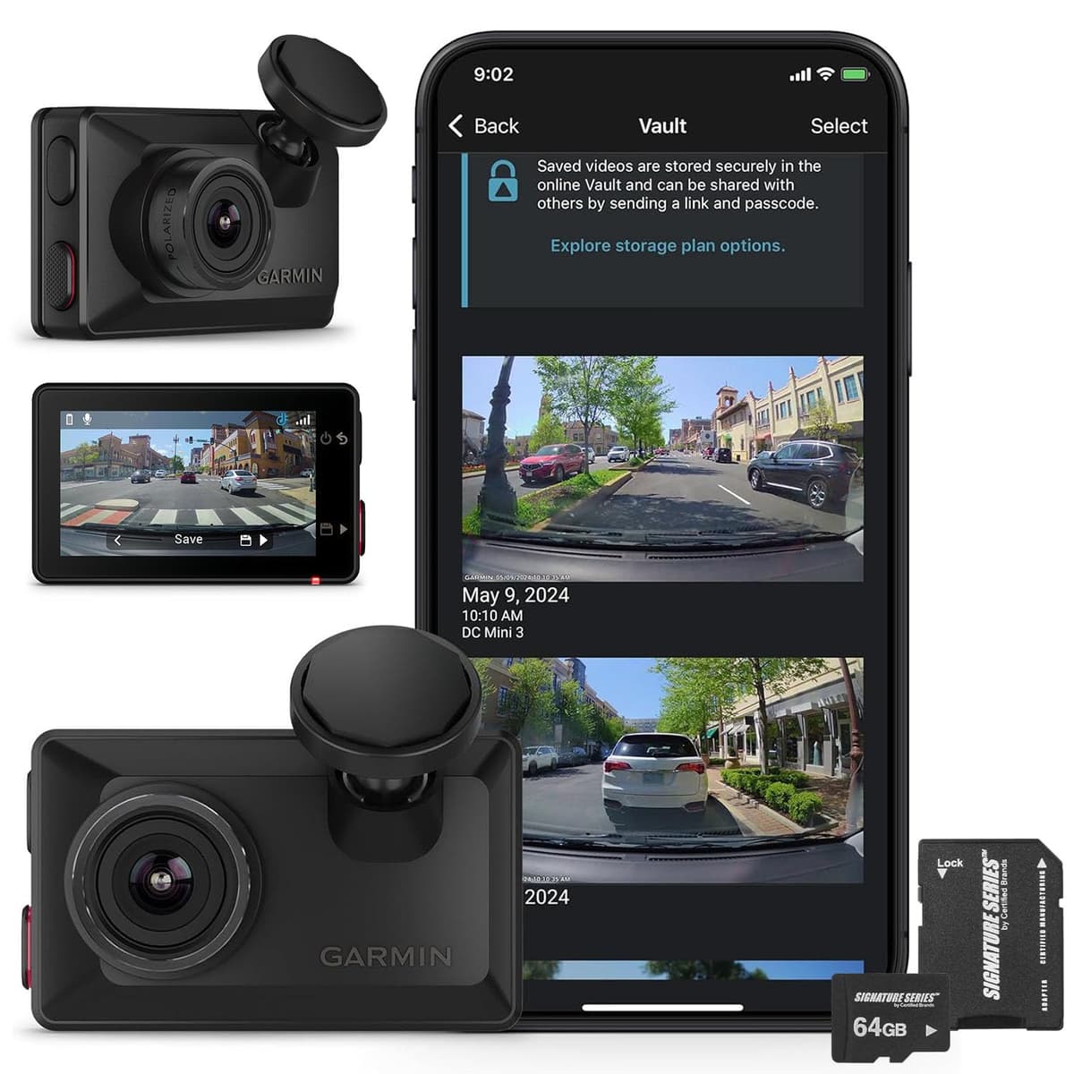 Certified Brands Cámara Compacta Garmin Dash Cam X310 4K Ultra HD con Pantalla Táctil | Campo de Visión 140°, Polarizador Clarity, Control por Voz, GPS, Pantalla 2.4", Detección Automática de Incidentes | Tarjeta Micro SDXC Signature Series 64GB 010-02860-00 SD Bundle