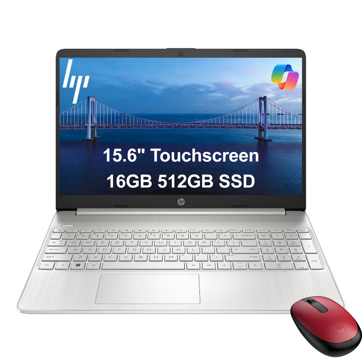 HP 15 Laptop con mouse Bluetooth (pantalla táctil HD+ de 15.6", Intel Core i3, 16 GB de RAM, SSD de 512 GB) para negocios y estudiantes, bisel delgado, batería de larga duración de 10 horas, cámara web, teclado numérico, HDMI, Windows 11 Home en modo S