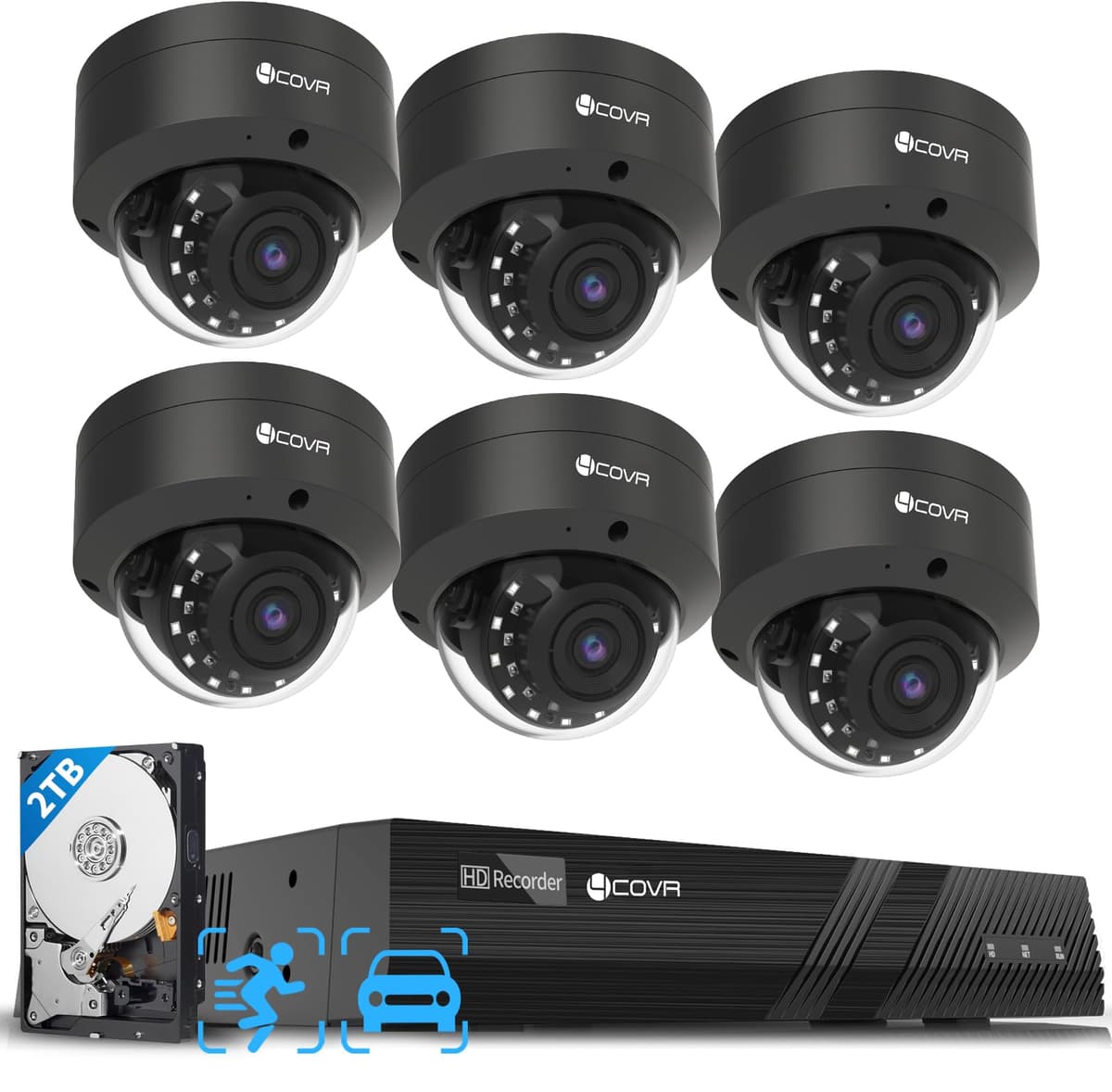 Forcovr Sistema de Cámaras de Seguridad PoE 4COVR 8 Canales, 6× Cámaras Domo IP Comerciales 5MP IK10 Antivandálicas IP67, Detección AI de Personas y Vehículos, NVR 4K 2TB, Vigilancia 24/7 Exterior, LY54AB5M0806