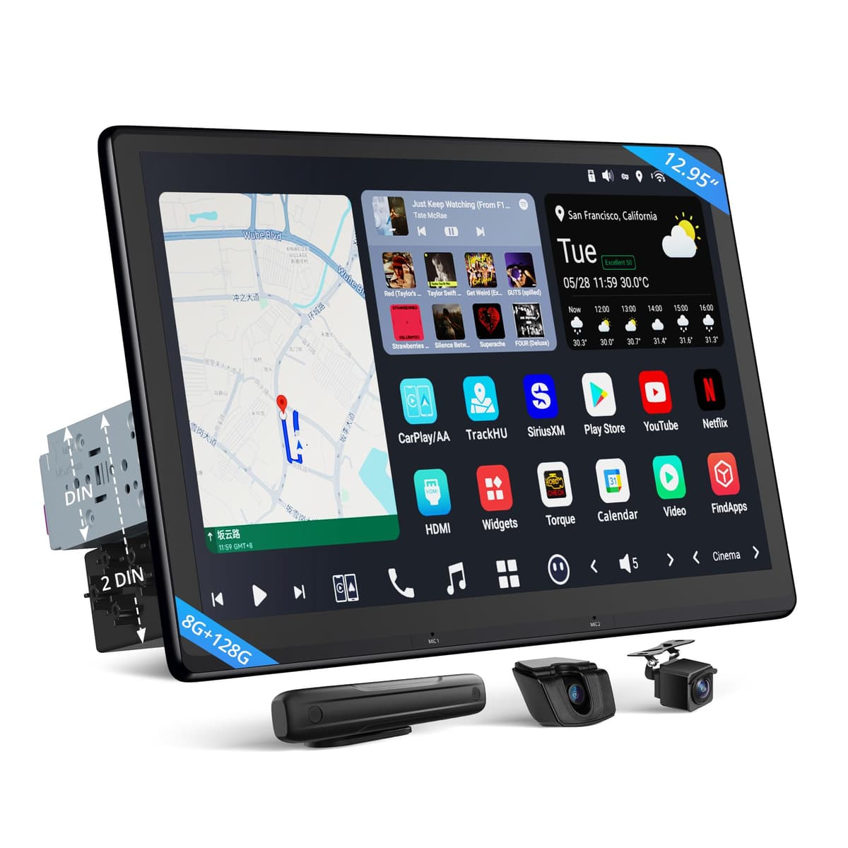 Radio para auto ATOTOOUT Single/Double DIN - Pantalla flotante QLED de 12.95", 8G+128G CarPlay/Android Auto, SPDIF, RCA, DSP 7.1.2, entrada HDMI, 4G, Wi-Fi, BT, con IA, OTA con micrófono, cámara dual 1080P, X10G129E