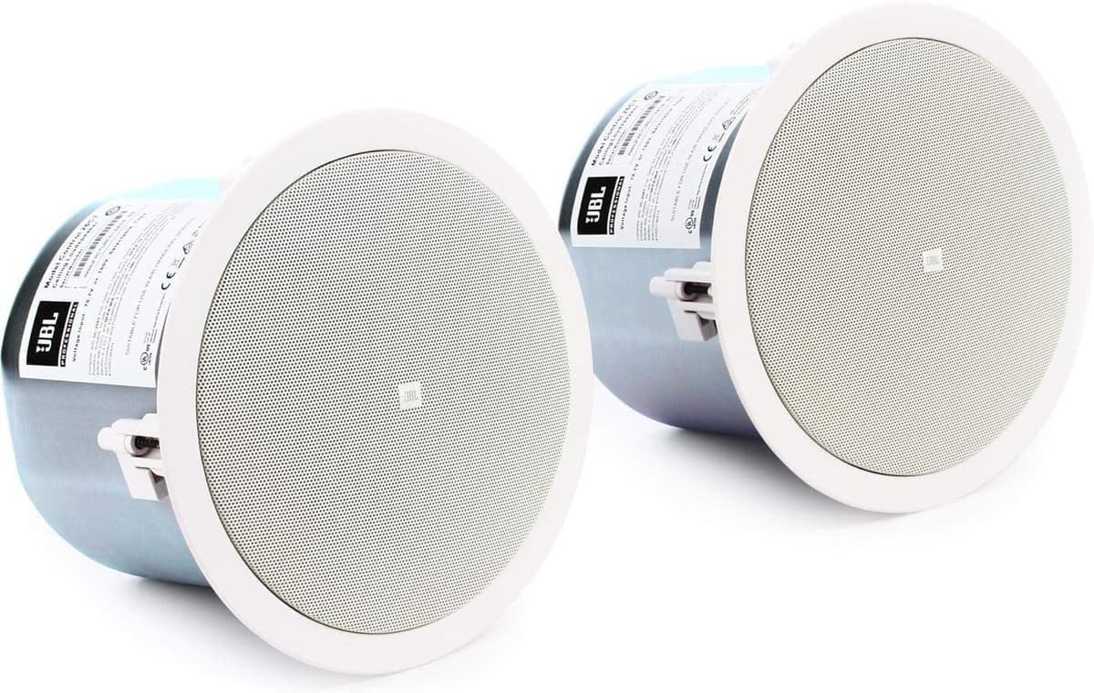JBL Professional Control 26CT bocina empotrable de techo de 6.5” con carcasa metálica trasera. Utiliza transformador multitap para distribución en línea de 70V. Juego de 2. Blanca, pintable.