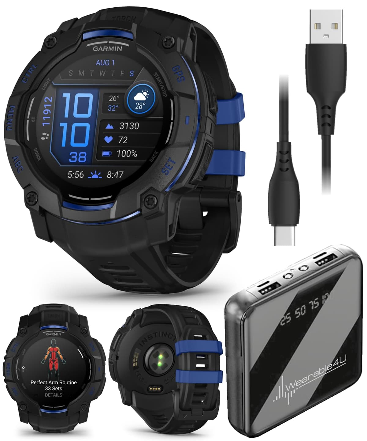 Wearable4U Garmin Instinct 3 Reloj Inteligente Rugerizado para Aire Libre con GPS - 50 mm AMOLED, Colección Supernova, Edición Limitada, Monitoreo de Salud y Estado Físico, Linterna Integrada, Negro/Azul Rayo con Paquete PowerBank