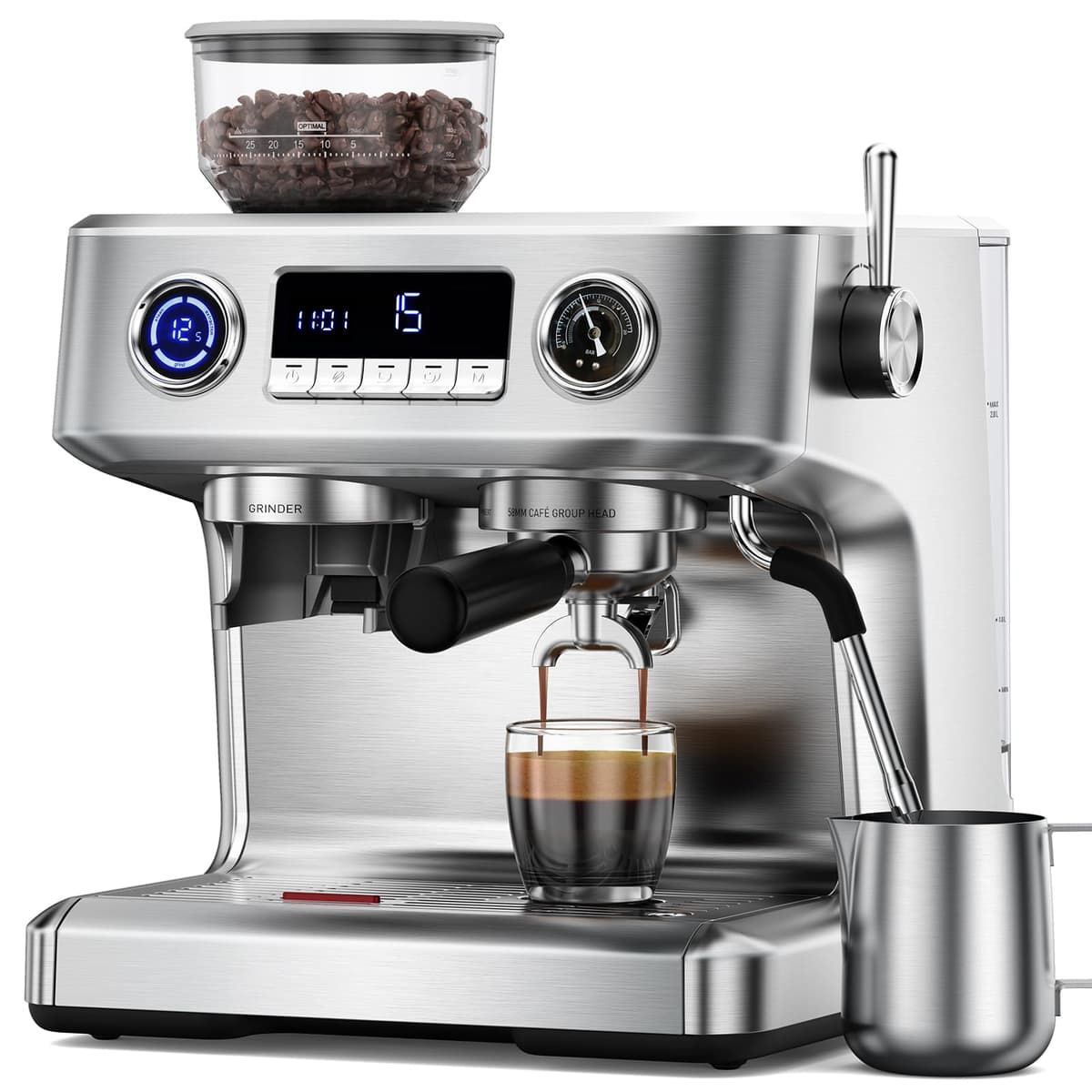 COWSAR Dual Boiler Espresso Machine con Molinillo, 20 Bar, Espumador de Leche, Depósito de Agua Removible