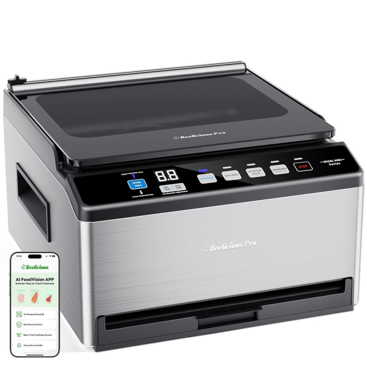 Beelicious Pro Selladora al Vacío de Cámara DualCore CVS101 para Líquidos y Sous Vide, 6L con 2 Zonas de Vacío y Abrazadera Extraancha para Bolsas, Bomba Seca Doble de 230W x4, Máquina de Empaque de Grado Comercial para Uso Doméstico