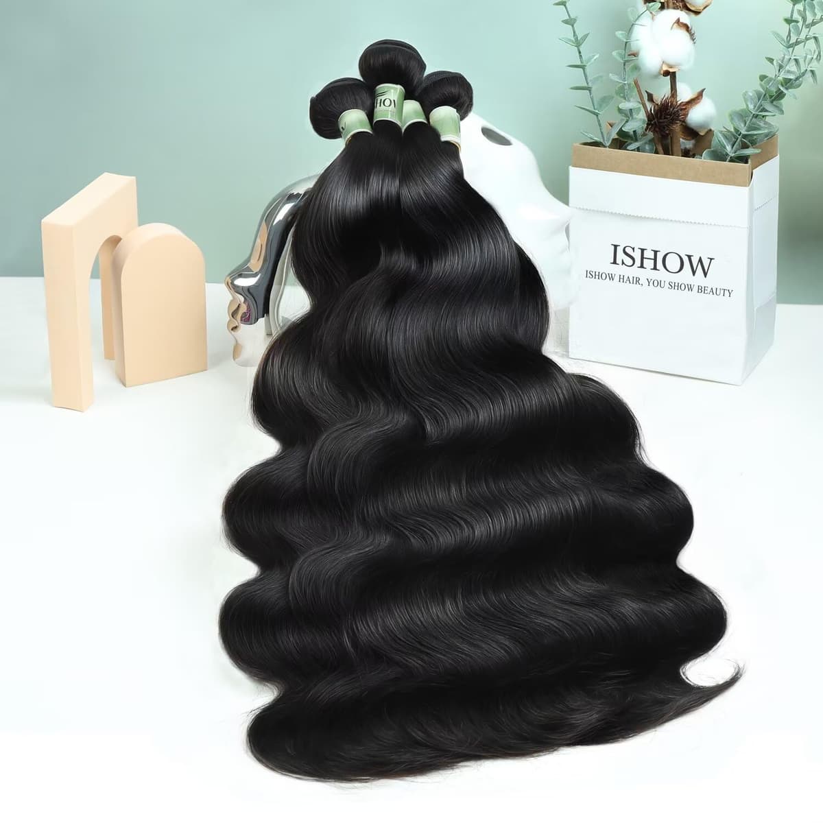 ISHOW Raw Human Hair Bundles 4 paquetes Body Wave 18/20/22/24 pulgadas Color 1B