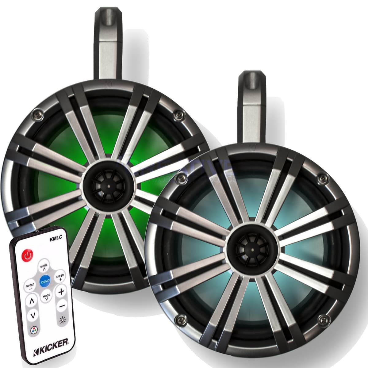 KICKER Marine Sistema de Torre LED 8" - Carcasas Blancas con Parlantes Plateados. Incluye Controlador de Luces KMLC. 43KMTES8W+43KM84LCWS