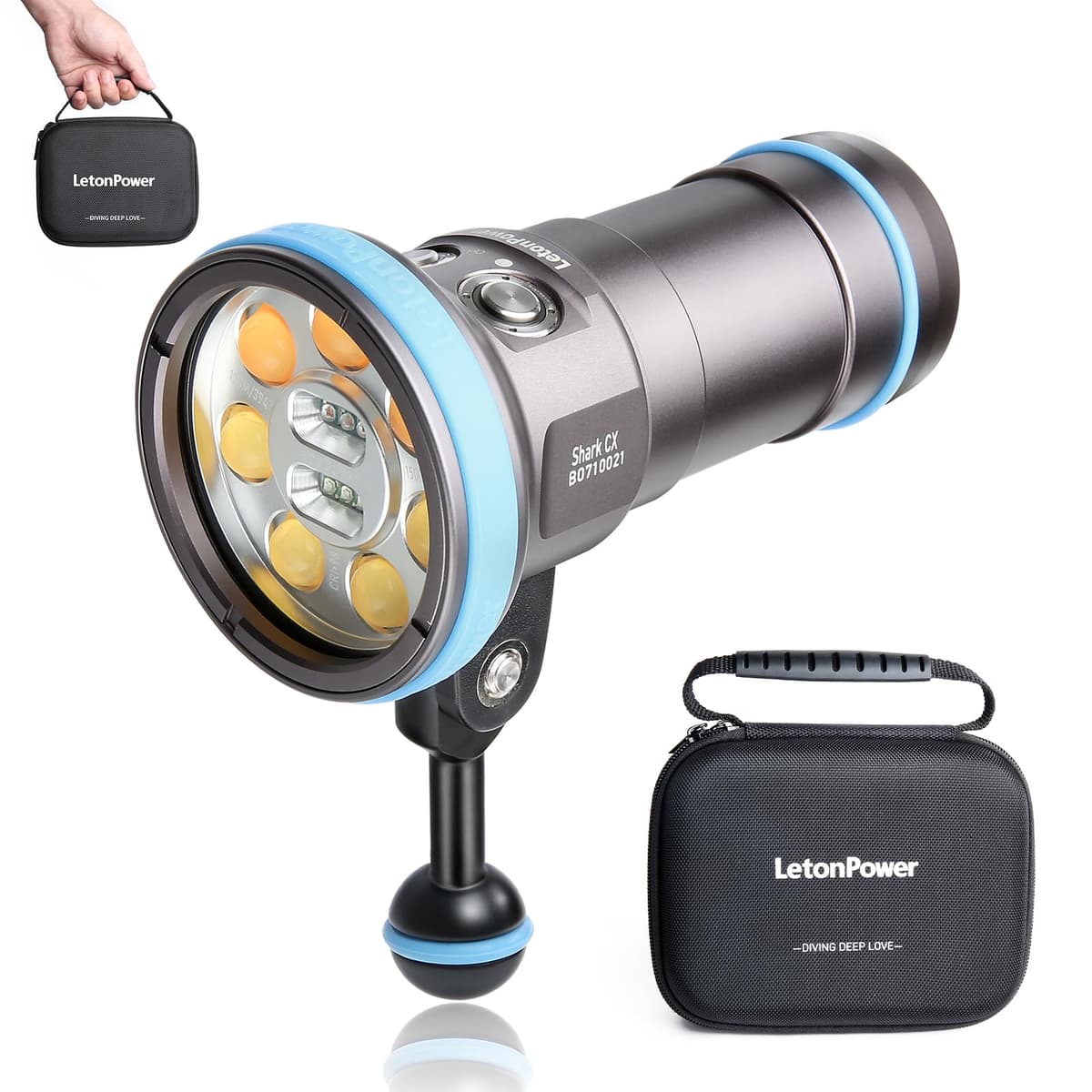 LetonPower Shark CX 8000 Lumen Luz de Buceo, 120 m Impermeable Luz Subacuática para Video 98 CRI con Ángulo de Haz Amplio de 120° Linterna de Buceo para Fotografía Profesional Submarina Luz de Relleno Shark CX 15000G