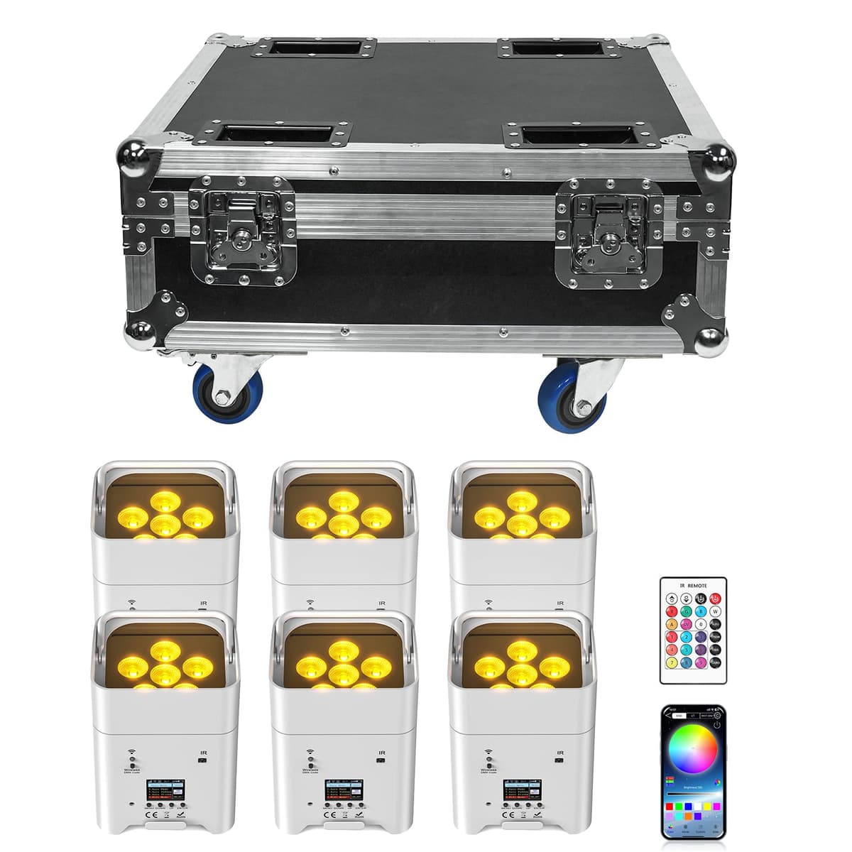 DazzlingStage 9600mAh Uplights inalámbricos 6 pack con estuche de carga, 6x18W RGBWA UV, control APP/DMX512, recargables LHQ-ZQ01529X6HUS-GYY