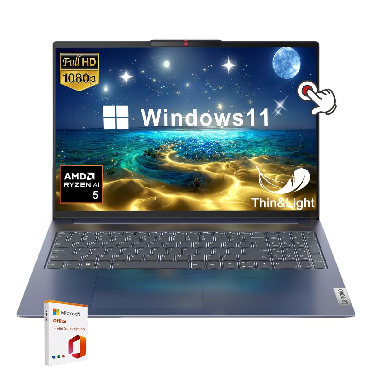 Lenovo IdeaPad 5 Slim Laptop, AMD Ryzen 5 8645HS, Pantalla táctil 16" WUXGA (1920 x 1200), 16GB LPDDR5x-6400, SSD PCIe 512GB, Windows 11 Home con Office 365
