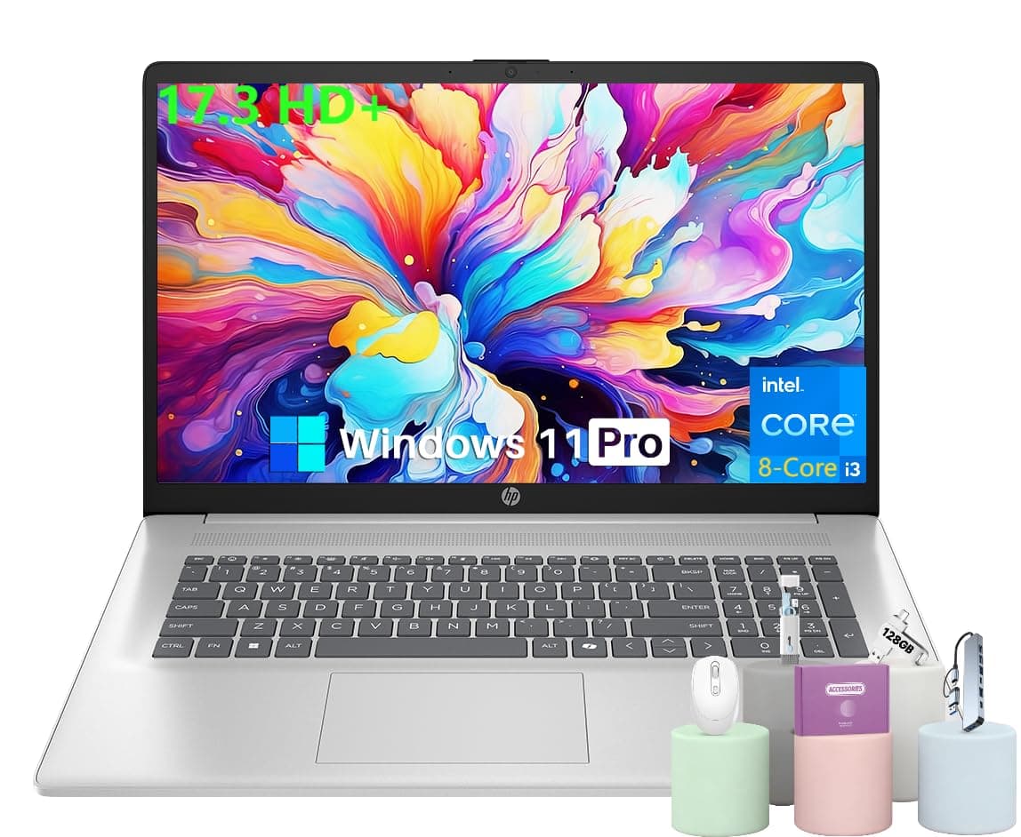 HP Computadora Portátil de 17,3" para Negocios y Estudiantes 2025, Pantalla HD+, Procesador Intel i3 de 8 Núcleos, 32 GB RAM, SSD de 2 TB, Tecla Copilot AI, Larga Duración de Batería, Wi-Fi 6, Windows 11 Pro, Kit de Accesorios