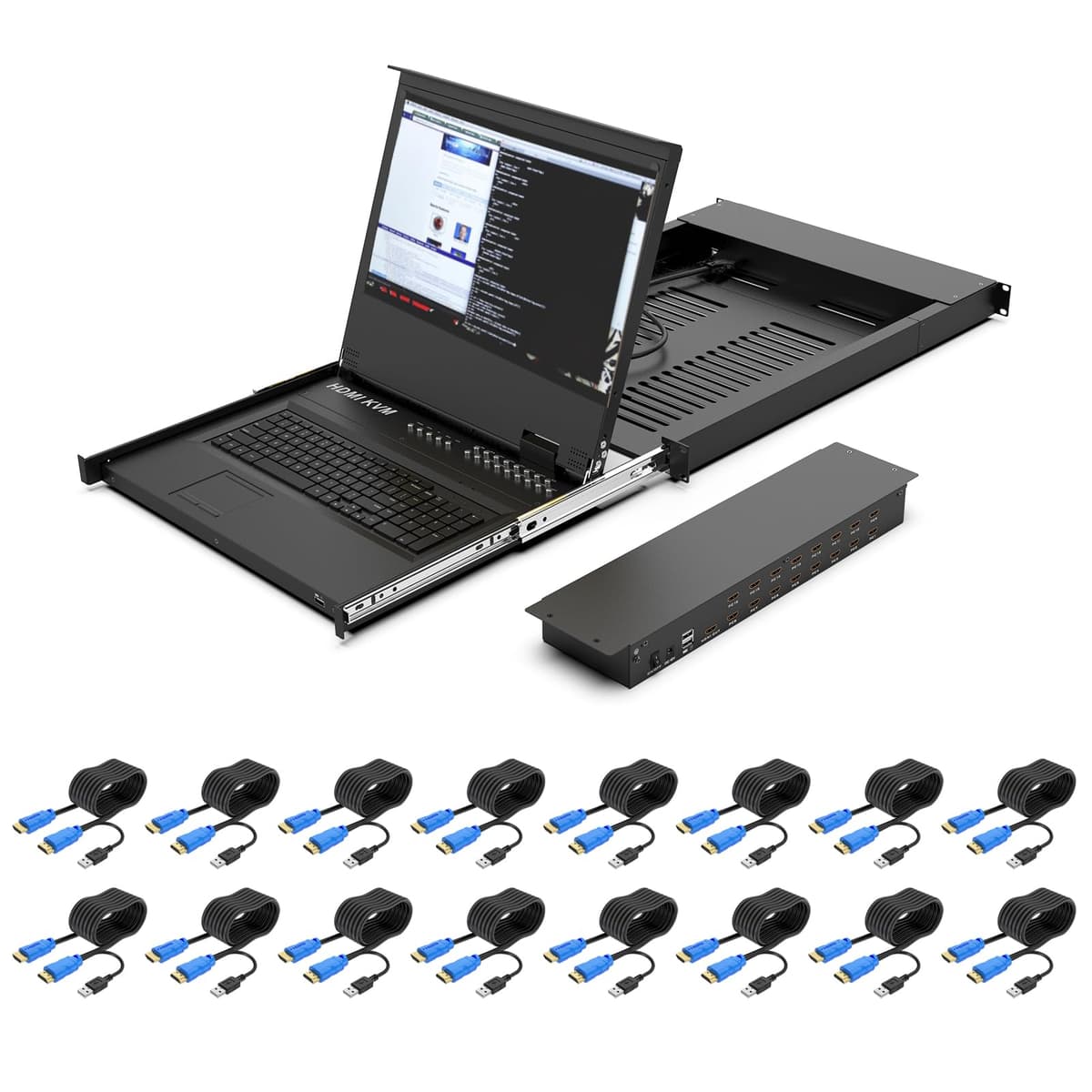Yinker Rack Mount KVM 17.3" 16-Port HDMI con Teclado y Touchpad para 1U Rack 17316HL-YKN