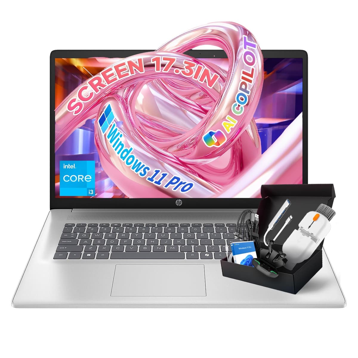 HP 2025 Notebook de 17.3″ FHD, Procesador Intel de 8 núcleos, Windows 11 Pro con Copilot AI, Hasta 9.5 horas de batería para Estudiantes y Empresas, Wi-Fi 6, Bluetooth 5.4, con Kit de Accesorios (32GB RAM | 2TB SSD)