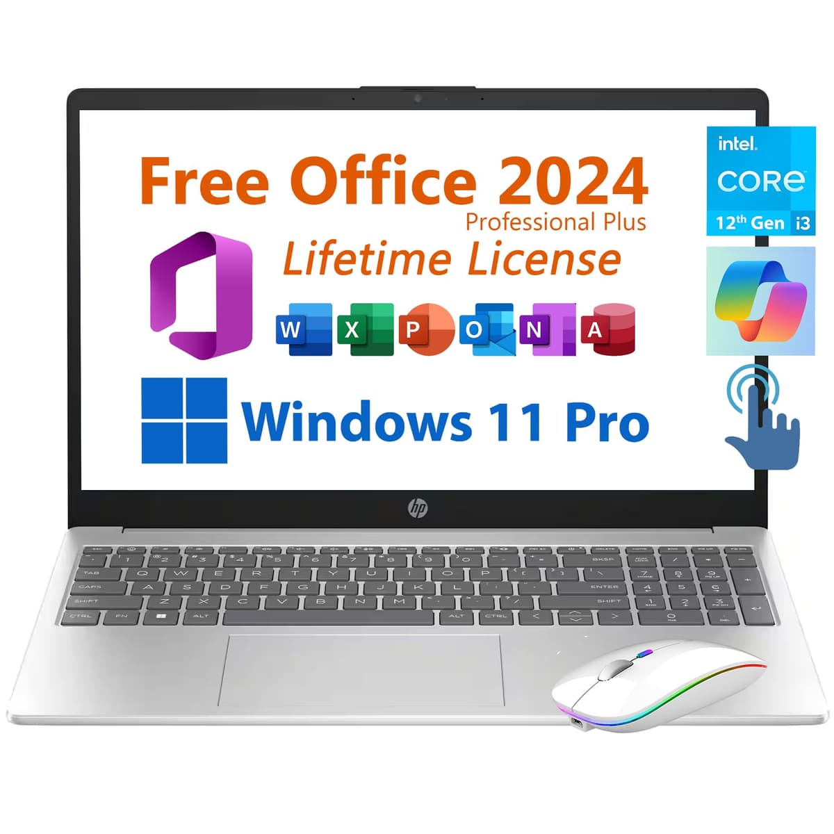 HP Laptop empresarial y para estudiantes de 15.6", licencia perpetua gratuita de Microsoft Office 2024, chat Copilot IA, pantalla táctil HD, Intel i3-1215U de 6 núcleos 4.4 GHz, 32 GB RAM, 2 TB SSD, larga duración de batería, Windows 11 Pro 15-RD5032DX