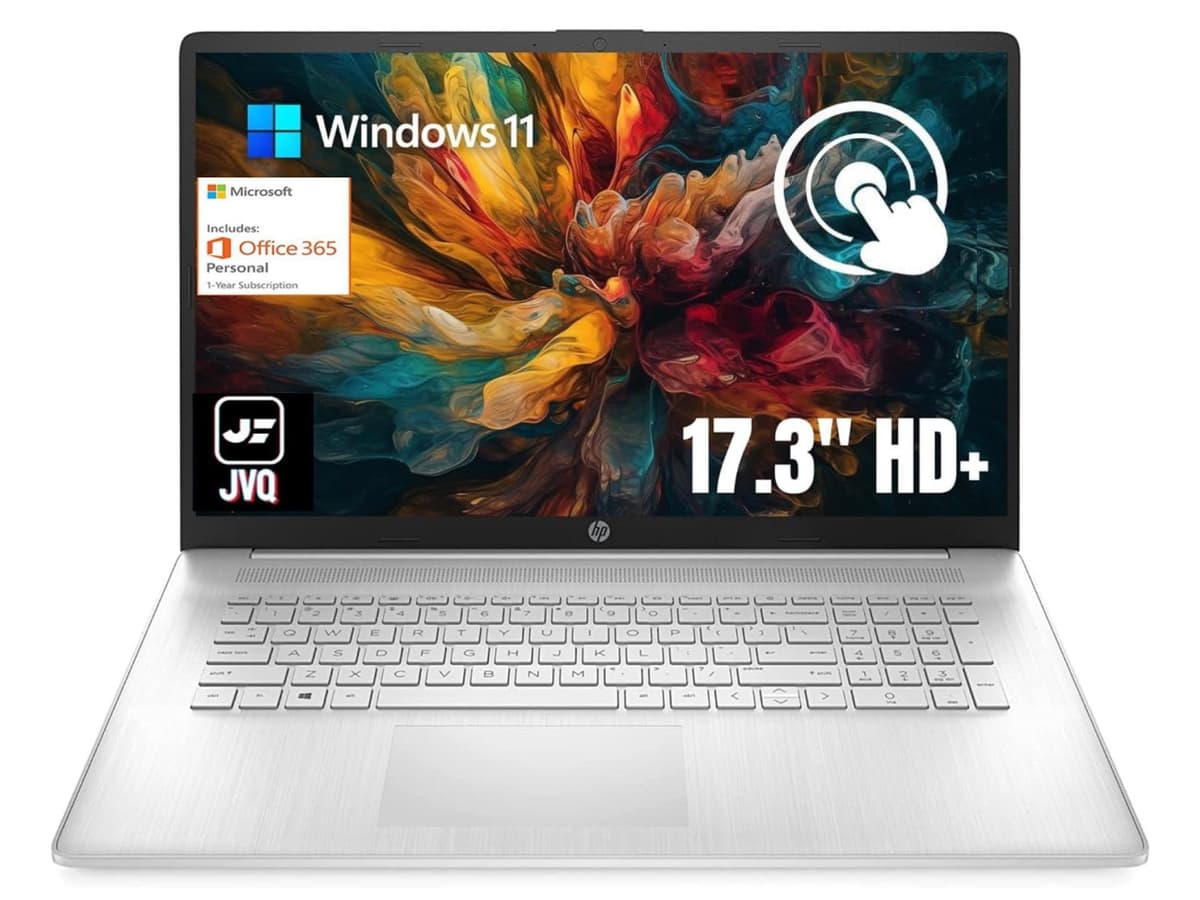 HP Laptop insignia de 17.3" con pantalla táctil HD+, 20GB RAM, 1TB SSD, Intel Pentium Silver N5030, teclado tamaño completo, HDMI, USB-C, WiFi, Bluetooth, 1 año Microsoft 365, Windows 11, plateado 2000nr