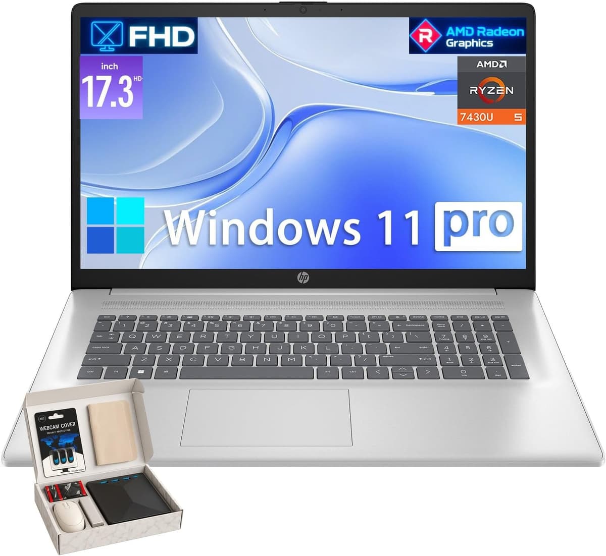 HP Flagship 17 Notebook Empresarial - AMD Ryzen 5 7430U (6 nucleos), Pantalla IPS Antirreflejo FHD de 17.3", Wi-Fi 6, BT 5.4, Windows 11 Pro, para Hogar y Trabajo, con Accesorios, 32 GB RAM, SSD de 1 TB HP Laptop