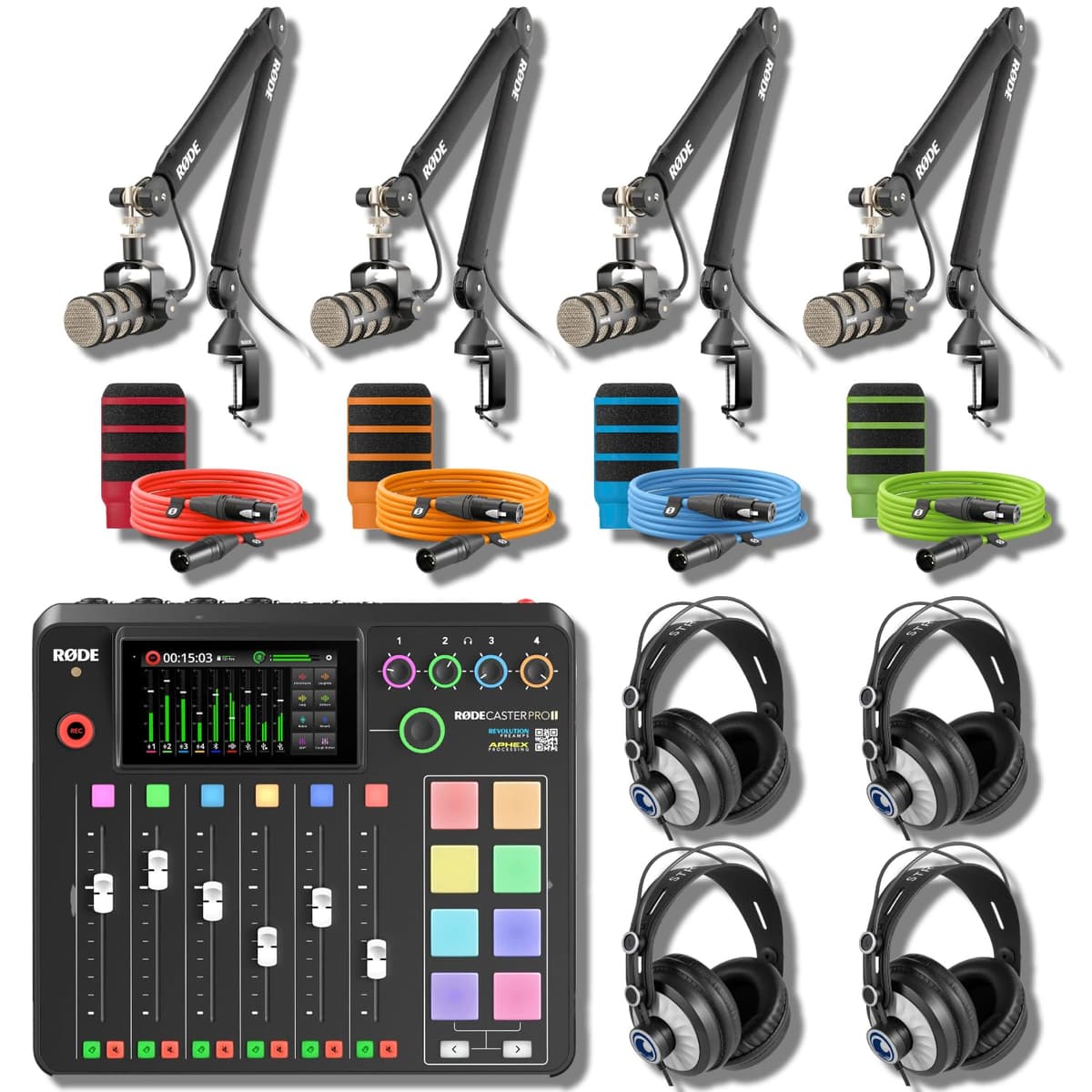 Rodecaster Pro II Kit completo para podcasting con 4 PodMics, brazos PSA1+, audífonos StreamEye Cans50 y cables codificados RODECaster Pro 2 (Complete Bundle)
