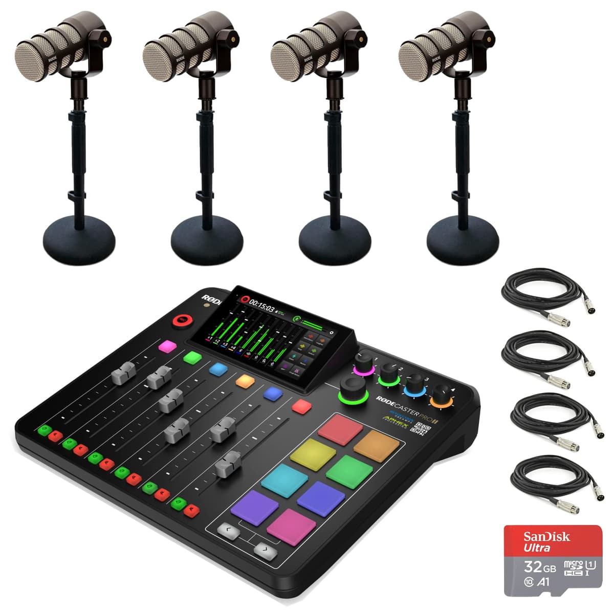 StreamEye Rode RODECaster Pro II Consola de Producción de Audio + 4x PodMic, 4x DS1, 32GB microSD y Accesorios RCPII | PodMic | DS1 x4