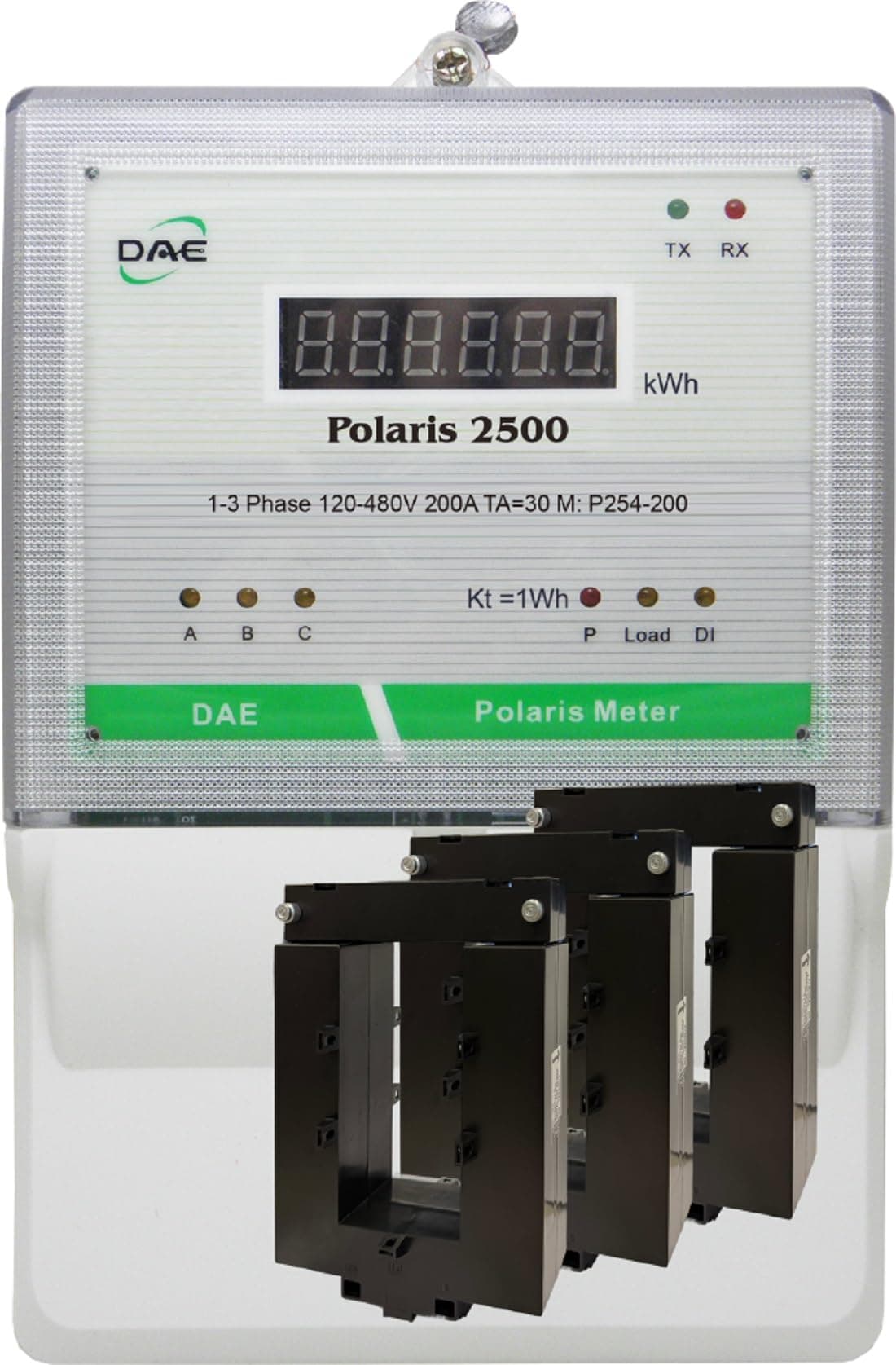 DAE P254-3000 KIT medidor kWh 3 fases 120-480V 50/60Hz RS485 con 3 CTs split (3" interno)