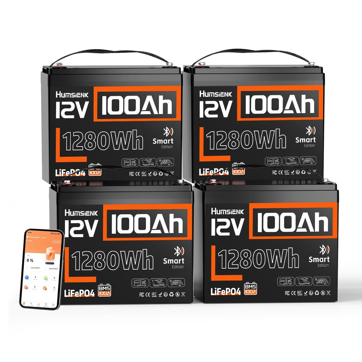HumsiENK Batería LiFePO4 12V 100Ah Bluetooth - Group 24 (Pack x4) USHS12V100AH100BT-4P-02