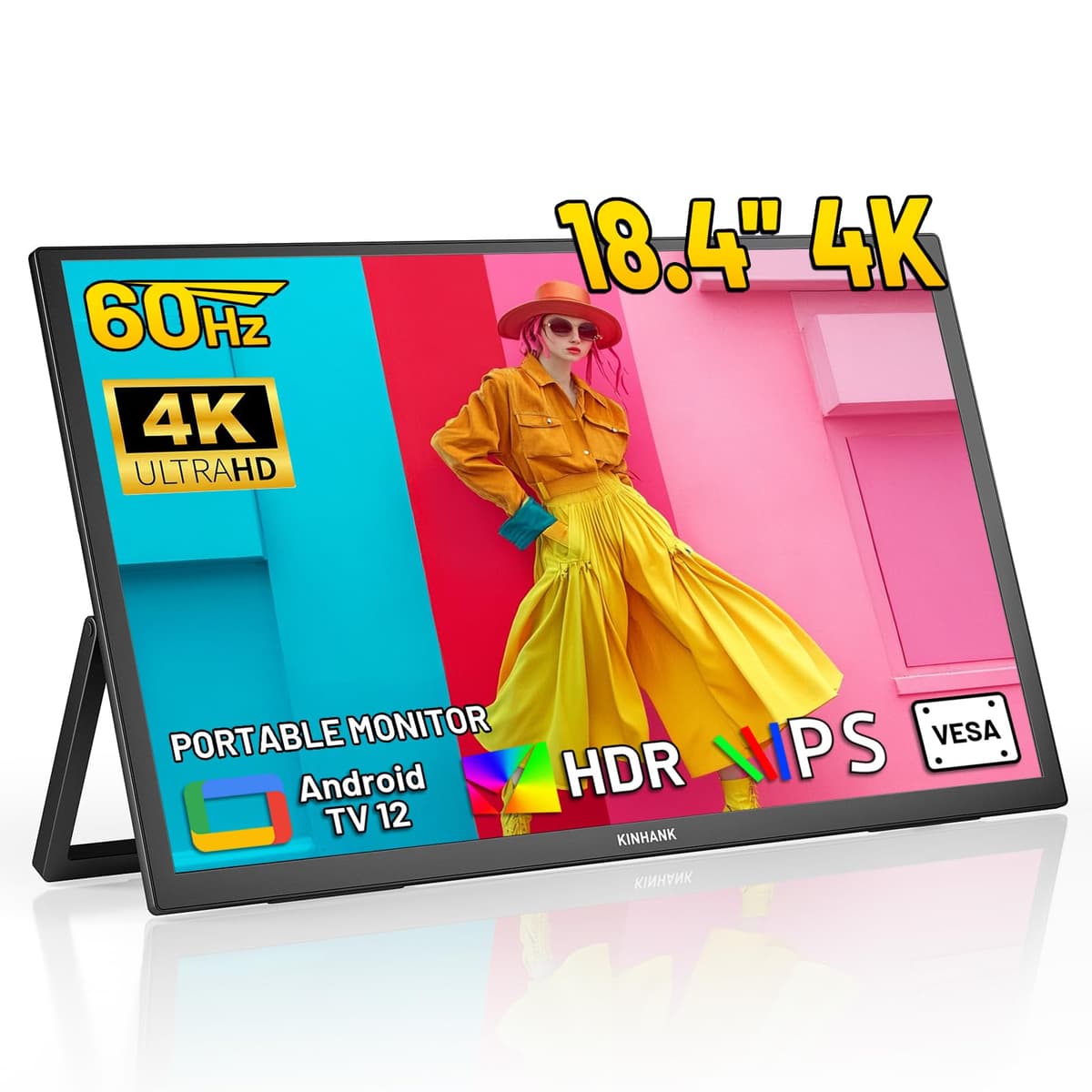Kinhank Monitor Portátil 18.4” 4K UHD (3840×2160) 60Hz HDR IPS Segunda Pantalla Android TV 12.0 USB-C HDMI para Laptop, PC, MacBook, Teléfonos, Tablet, PS5/4, Xbox, Switch, Soporte Ajustable VESA 180° K18G