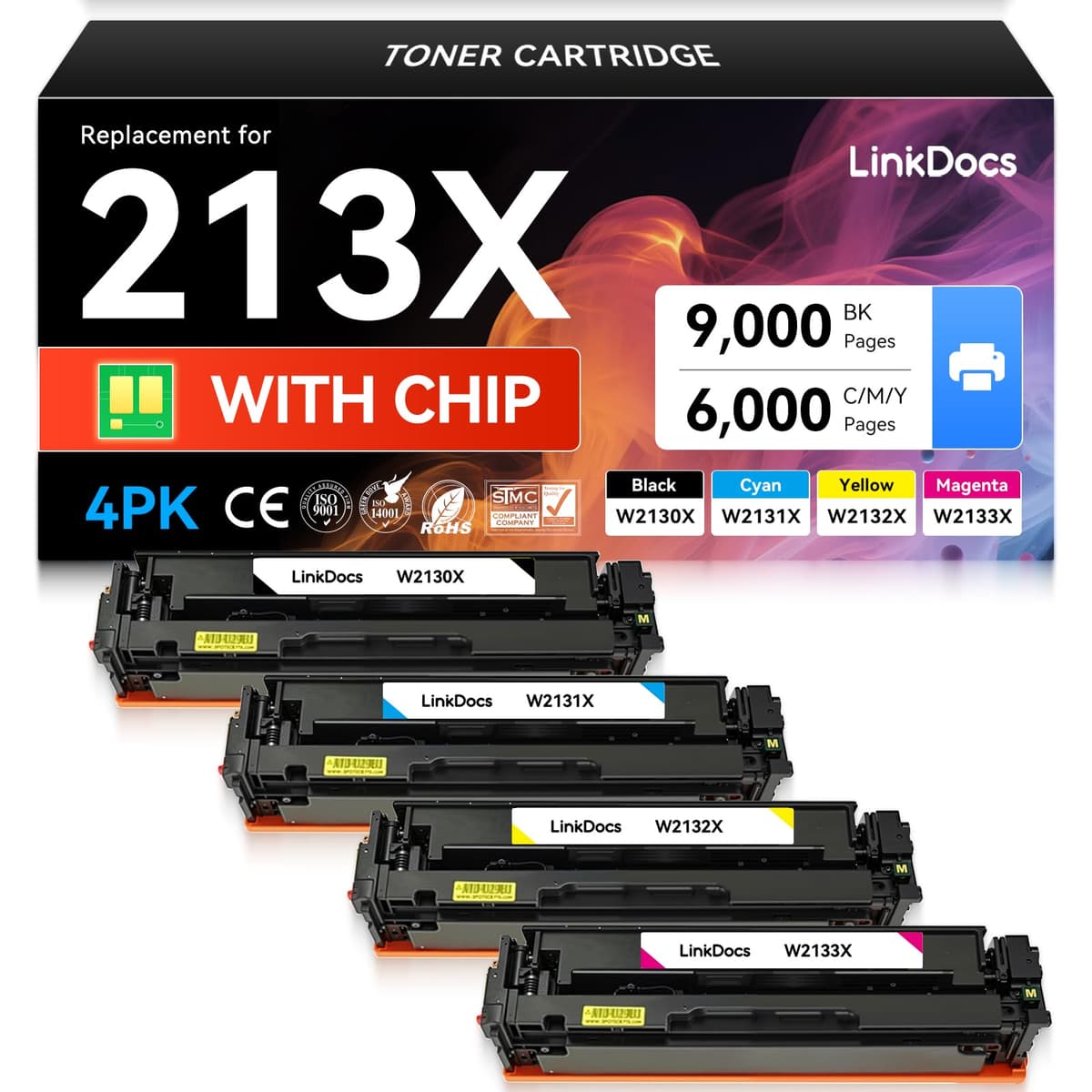 LinkDocs Juego de 4 tóneres 213X (W2130X-W2133X) - Alta capacidad para HP Color LaserJet Enterprise LHW2130XX-4P