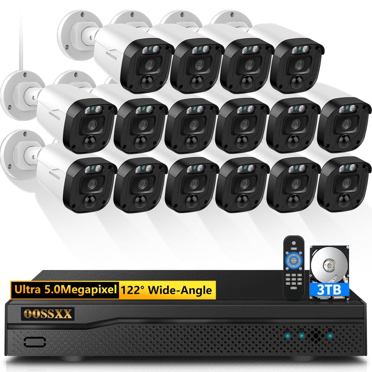 OOSSXX Cámara de Seguridad Cableada Full HD 5MP Sistema de 16 Piezas para Exteriores Vigilancia del Hogar CCTV Equipo de Video para Vigilancia Exterior Free APP No Month Fee
