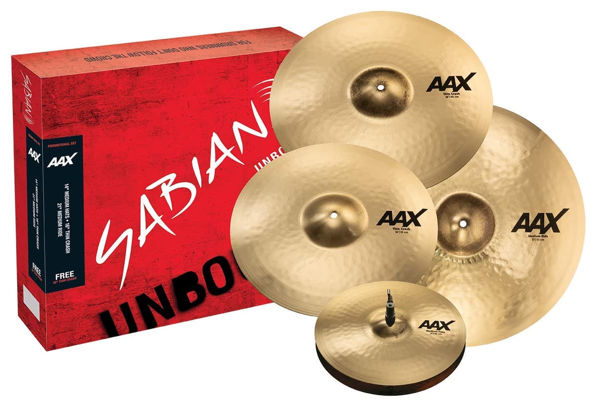 Set de platos promocionales Sabian AAX con crash delgado gratis de 18", (hi-hats de 14", crash de 16", ride de 21" y crash gratis de 18") 25005XCPB