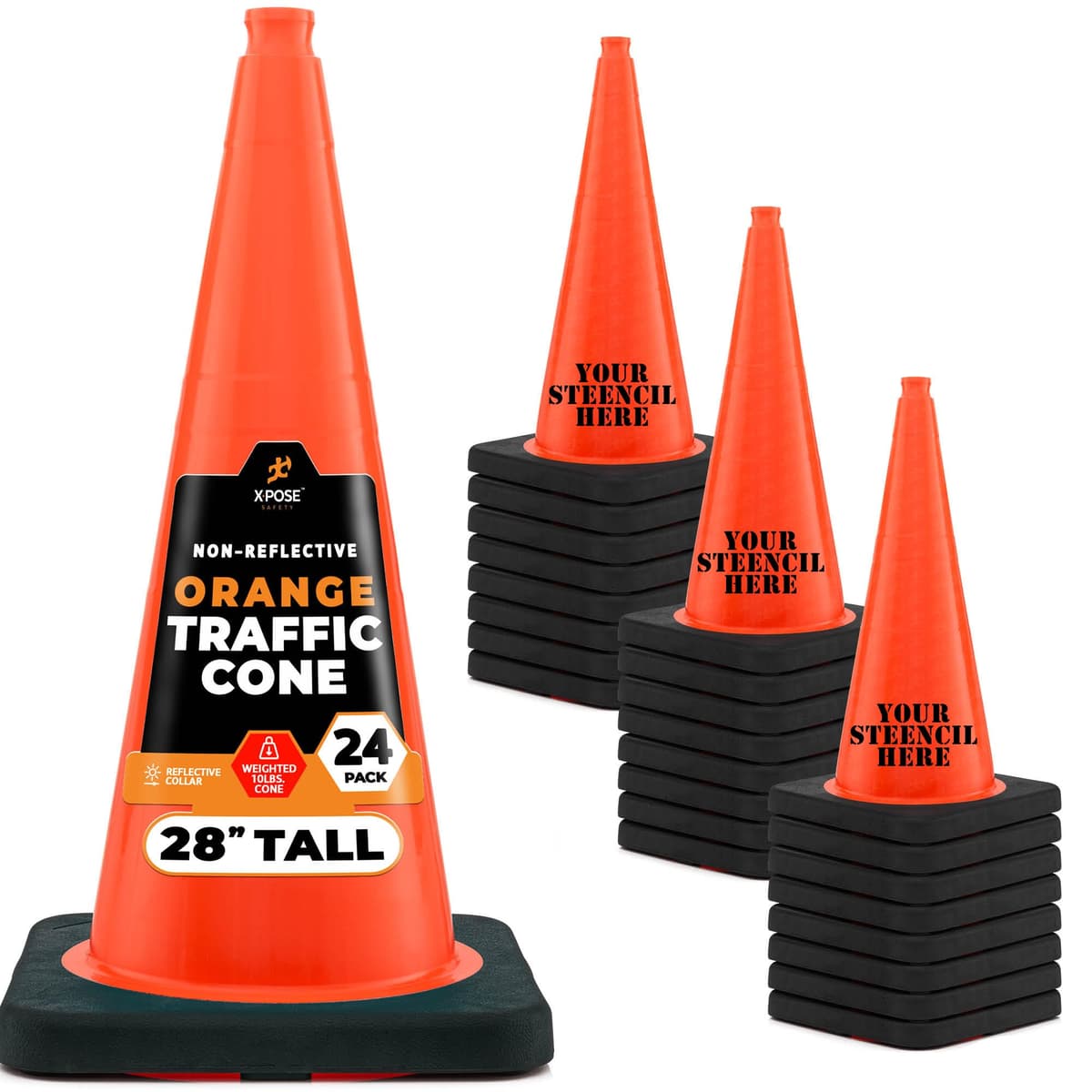 Xpose Safety 28 Inch Orange Traffic Cones Heavy Duty 10lb, 24-Pack - Conos de tráfico naranjas de 28" (24 piezas) OTC28-10L-24-X