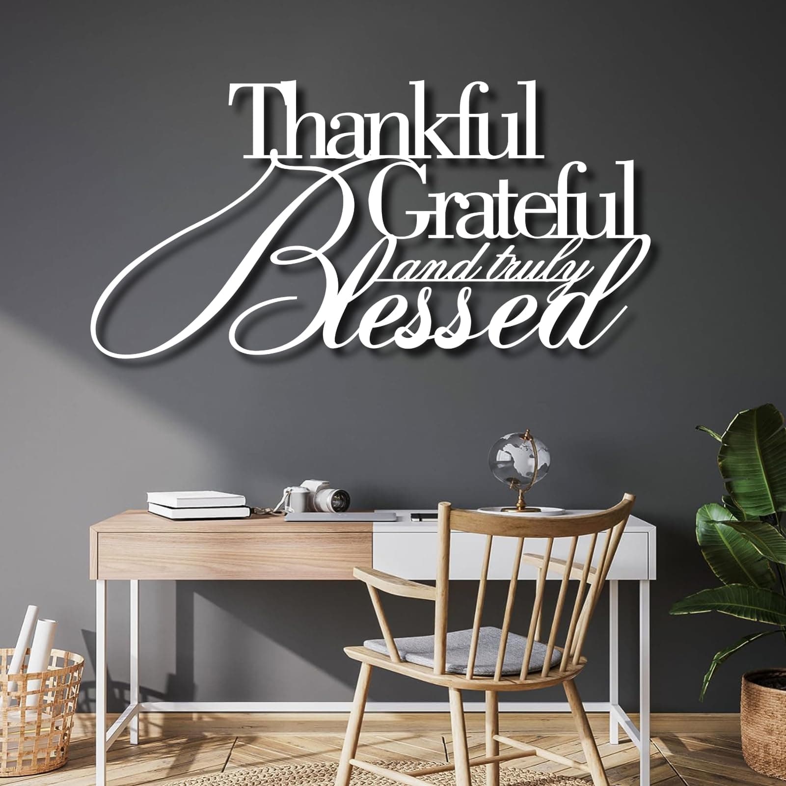 lunwall Metal Wall Art "Thankful Grateful Blessed" (69" W x 34" H, Blanco) THANKFUL001
