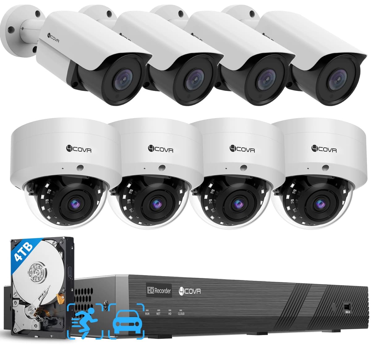 Forcovr Sistema de Cámaras de Seguridad 4COVR de 16 Canales 4K - Detección Humano/Vehículo, NVR 4K 4TB, 4 Cámaras Domo IK10 Antivandálicas y 4 Cámaras Bala 8MP PoE Cableadas para Negocios, IP67 Exterior, Acceso Remoto, LYH54A8M1608