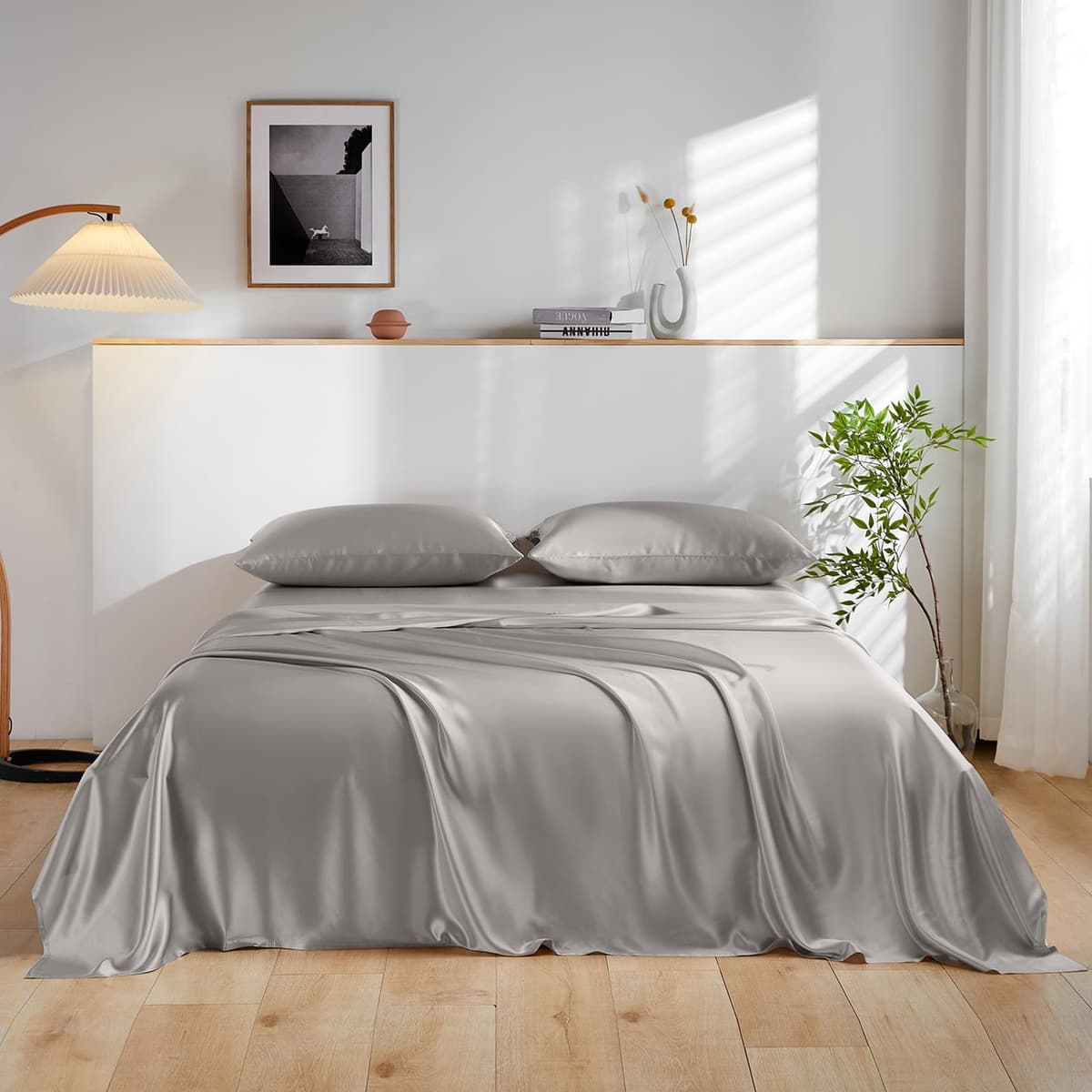 Juego de sábanas de seda natural 100% Mulberry THXSILK - Set de 4 piezas: sábana plana, sábana ajustable con bolsillo profundo de 16", 2 fundas de almohada de seda con cierre de cremallera - King, Gris