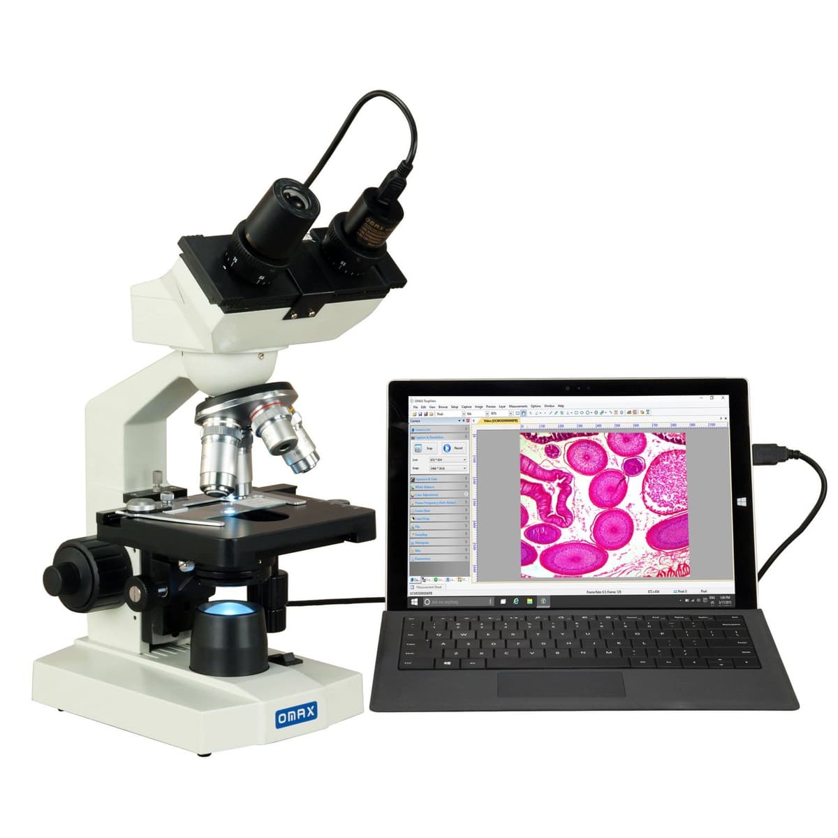 Microscopio compuesto binocular de laboratorio OMAX 40X-2500X con LED, cámara USB y platina mecánica M82EZ-C03S