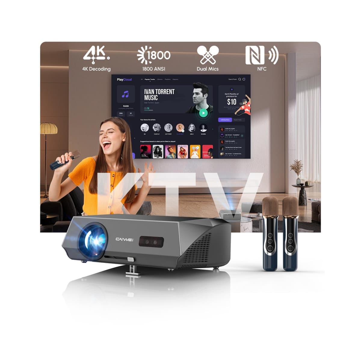 CAIWEI Proyector 4K Diurno 2300 ANSI con 2 Micrófonos Inalámbricos y Parlantes de 38W, Ultra Brillante Android 11.0, Enfoque Automático AI Keystone, NFC WiFi6 Bluetooth, HDR10+ Karaoke en Casa/Películas al Aire Libre/Oficina CAIWEI B09X6H6N1N