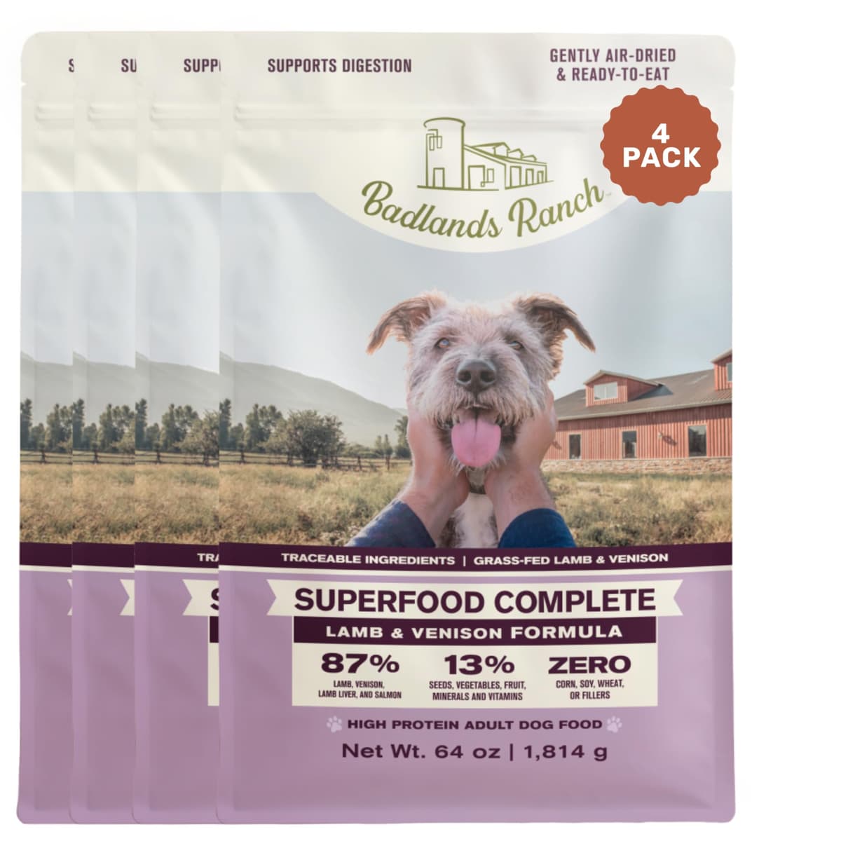 BADLANDS RANCH by Katherine Heigl - Comida para Perros de Cordero y Ciervo Deshidratada al Aire - Alta en Proteínas con Superalimentos - 64 oz (Pack de 4)