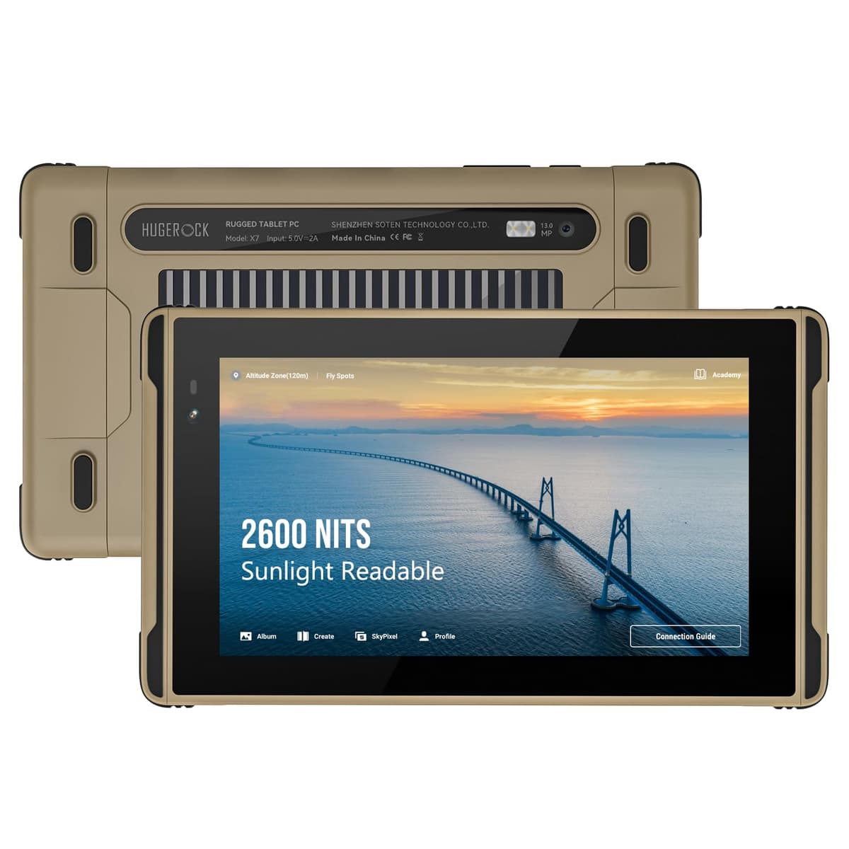 HUGEROCK X7 Tableta Resistentes de 7 Pulgadas, 2600 nits Legible a la Luz Solar, 8+128GB Android 13 Impermeable para Monitor de Cámara de Moto, Drone y Exterior