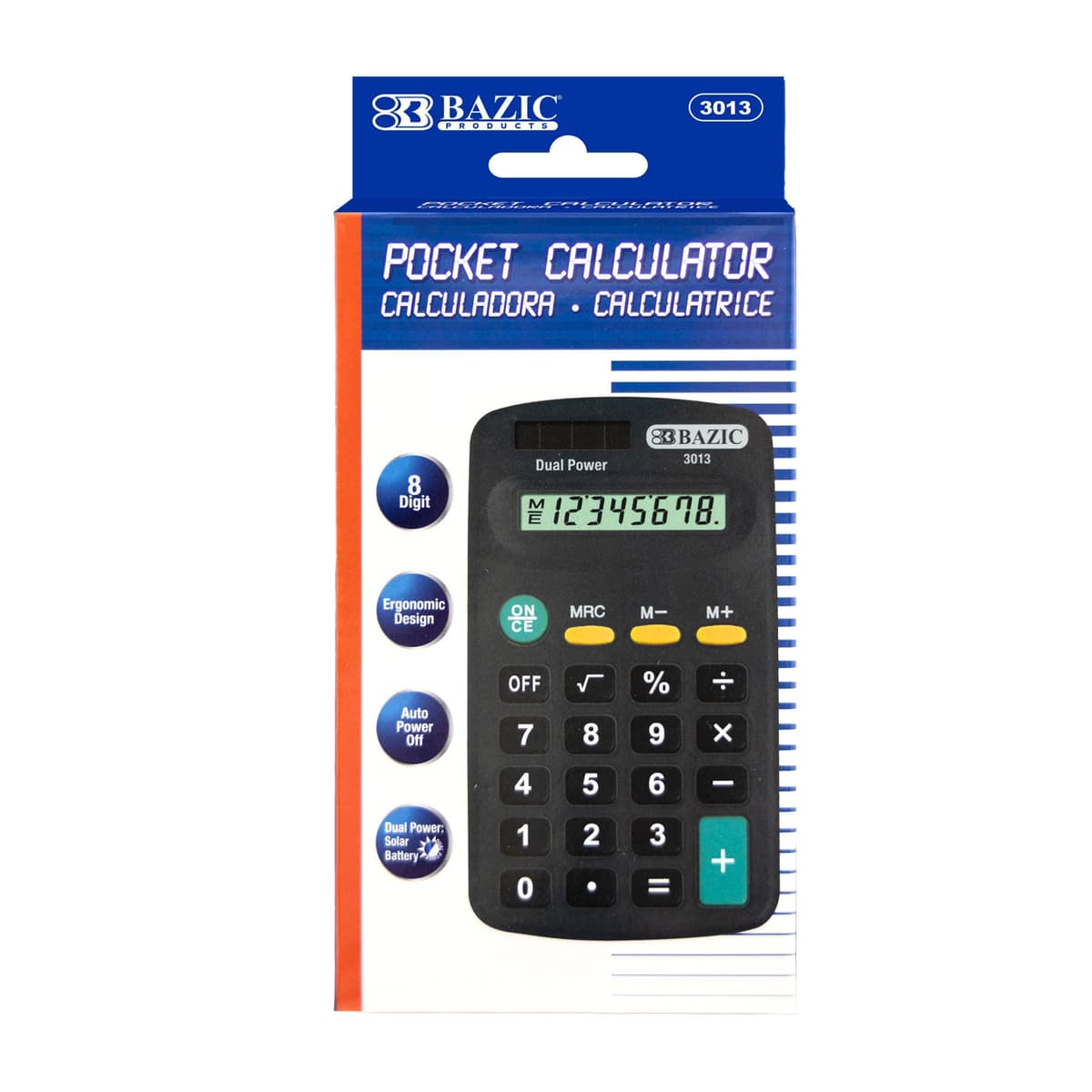 BAZIC Products Calculadora de bolsillo 8 dígitos - Energía dual solar y batería, negra (pack 288) 3013