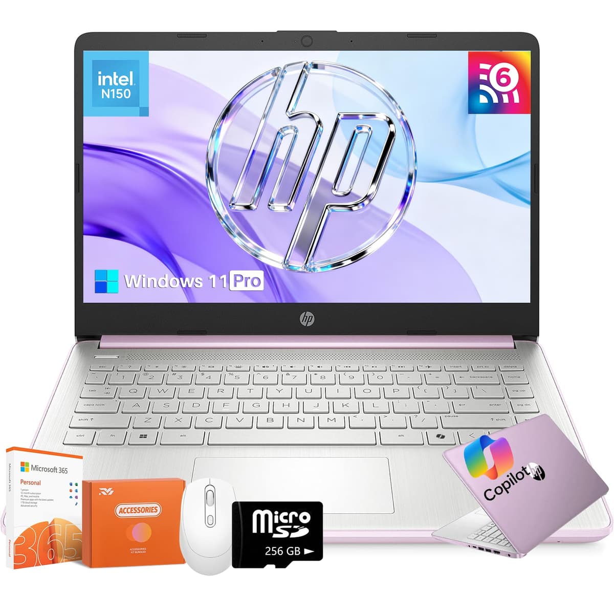 HP 2025 Notebook para Negocios y Estudiantes Nuevos, Pantalla Antirreflejo de 14 pulgadas, CPU Intel N150 (mejor que N4120), 16GB RAM, 384GB Almacenamiento (128GB eMMC + 256GB SSD), Windows 11 Pro, Copilot AI, Wi-Fi 6,1 Año de Microsoft 365