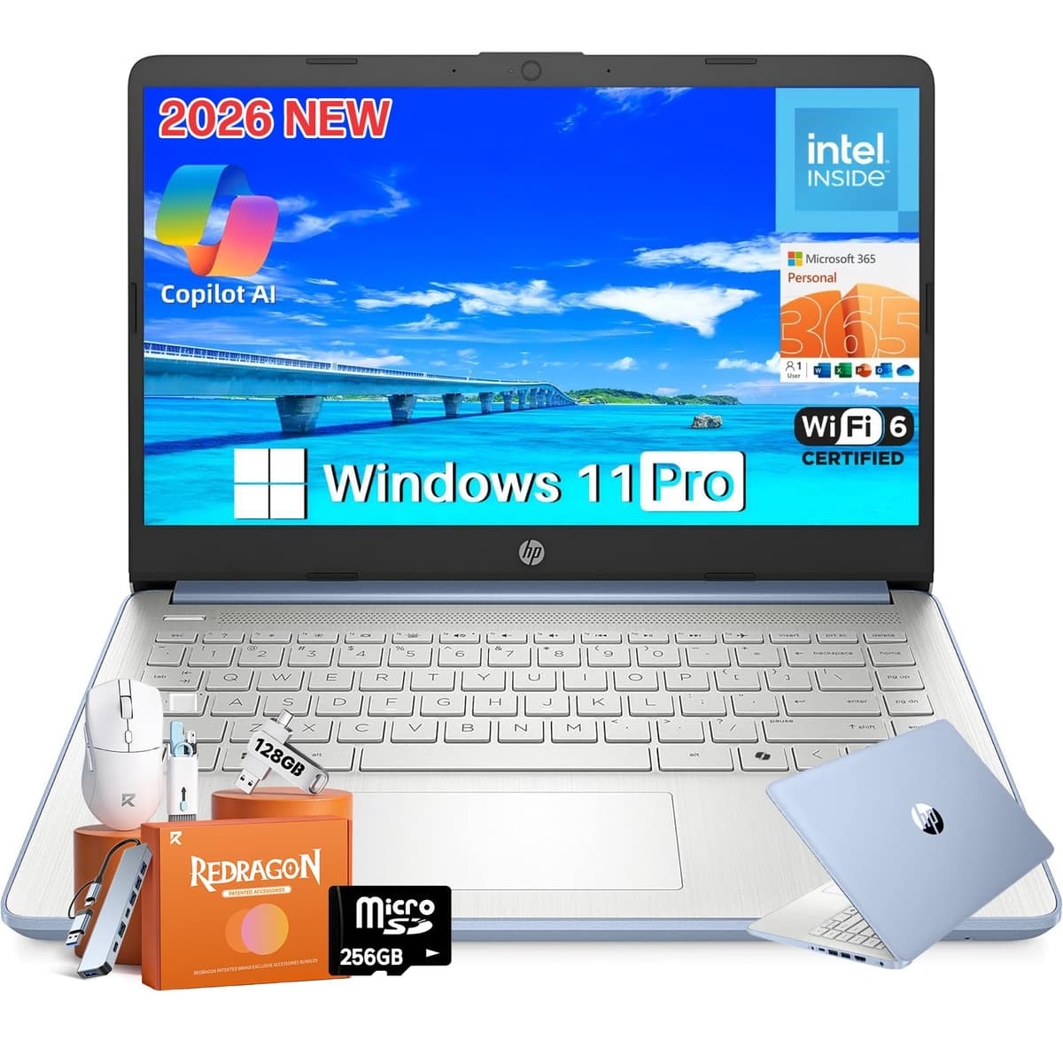 HP 2026 Laptop de 14" para Estudiantes y Negocios, Copilot AI, Intel N150, 16 GB RAM, 512 GB Almacenamiento (128 GB UFS + 256 GB MSD + 128 GB UFD), Office 365 por 1 año, Wi-Fi 6, Ultraligero, Portátil, Windows 11 Pro, Azul Cielo HP Laptop